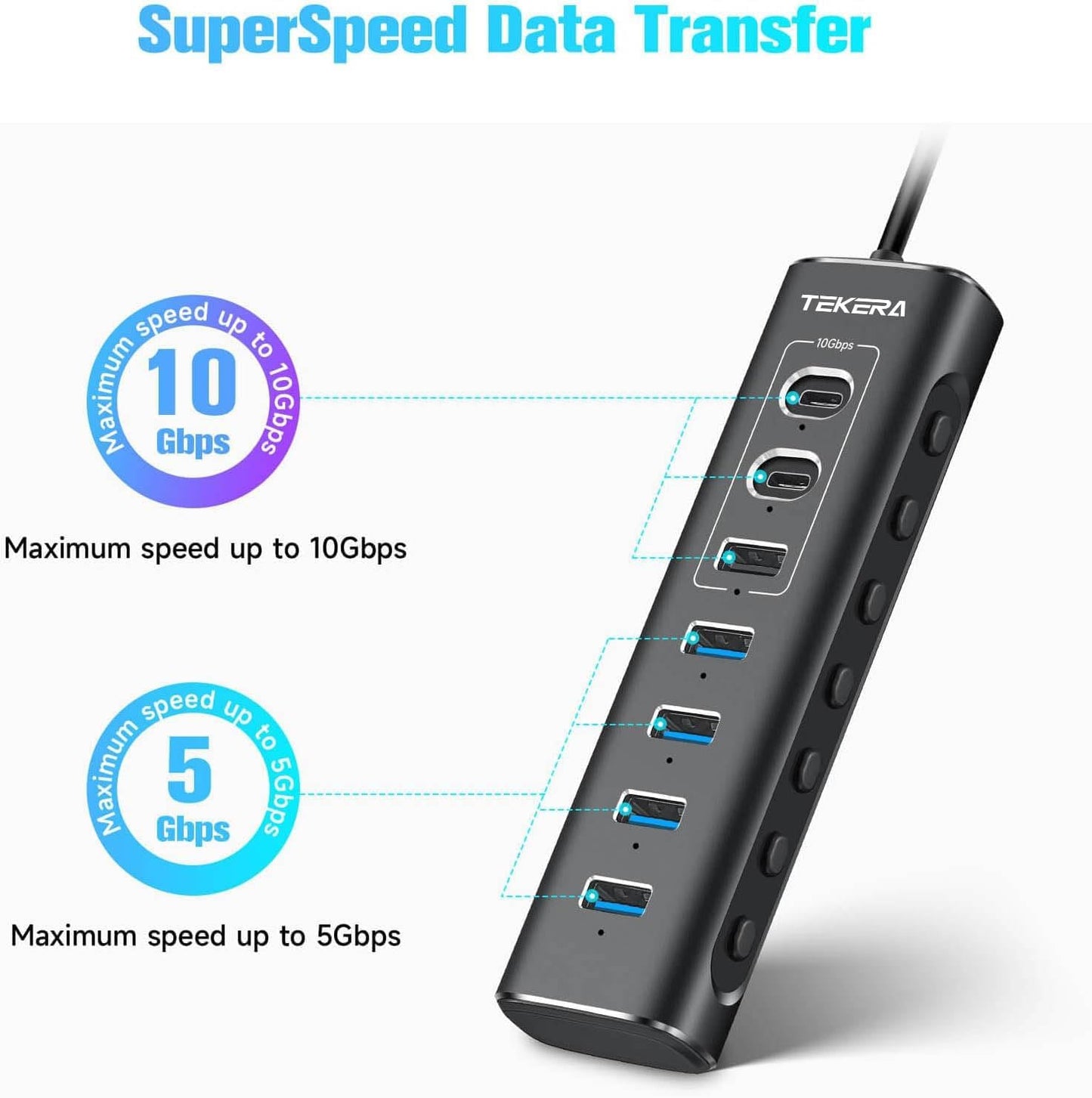 TEKERA 7-Port USB 3.2 Gen 2 Hub with 10Gbps USB-A and USB-C Ports, Black NEW
