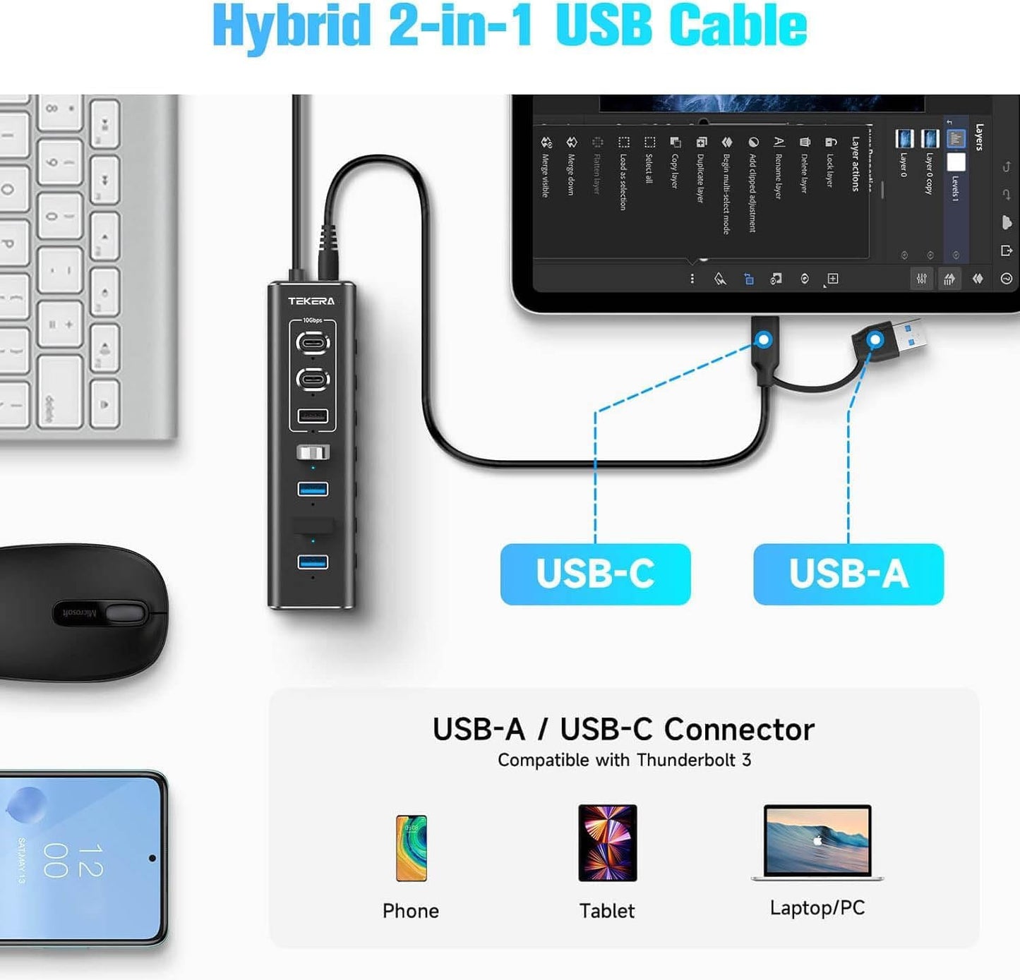 TEKERA 7-Port USB 3.2 Gen 2 Hub with 10Gbps USB-A and USB-C Ports, Black NEW