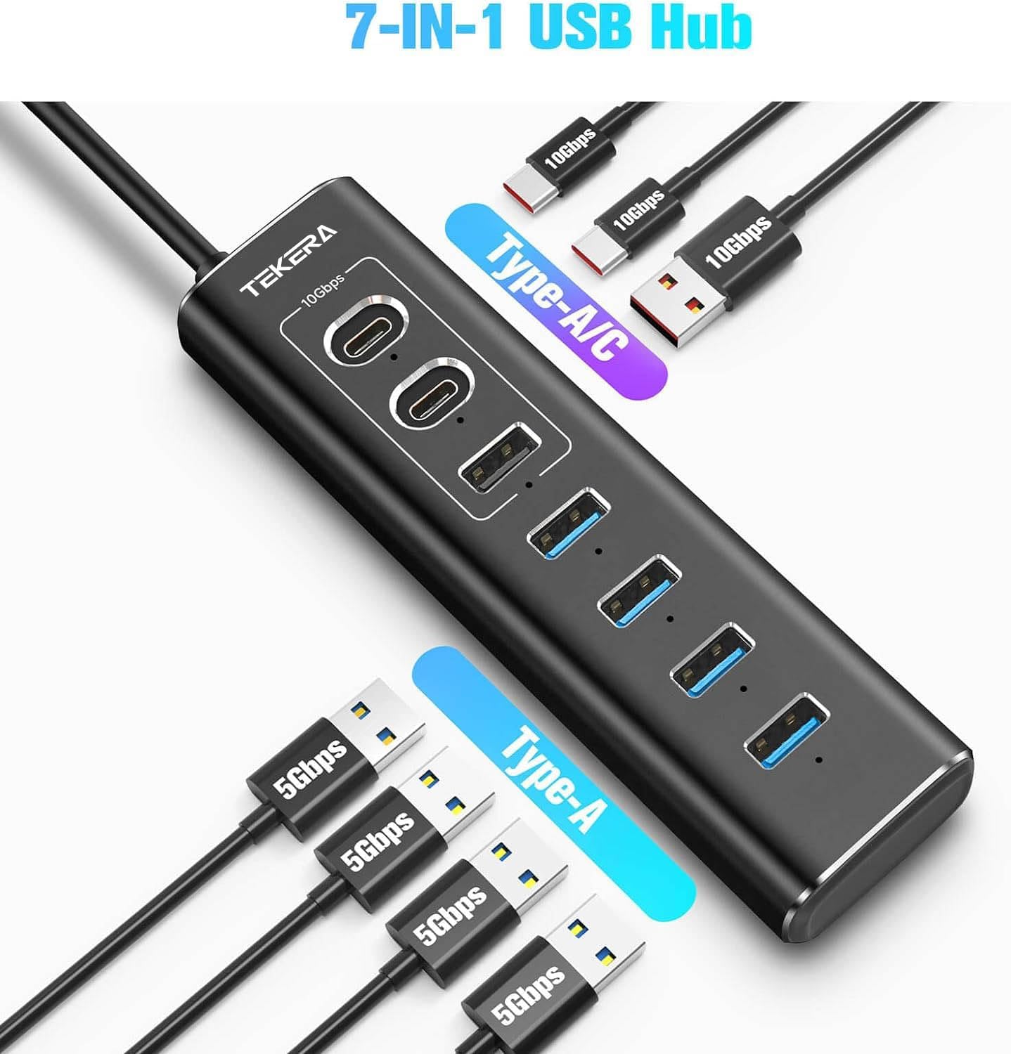 TEKERA 7-Port USB 3.2 Gen 2 Hub with 10Gbps USB-A and USB-C Ports, Black NEW