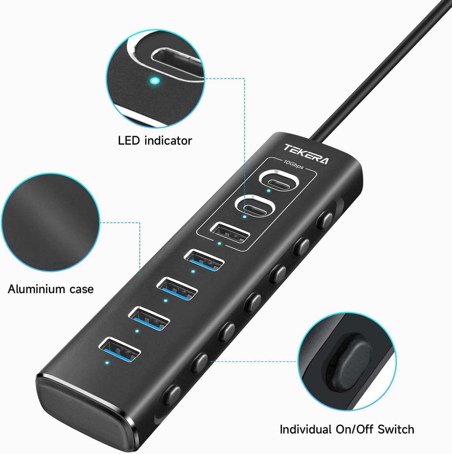 TEKERA 7-Port USB 3.2 Gen 2 Hub with 10Gbps USB-A and USB-C Ports, Black NEW
