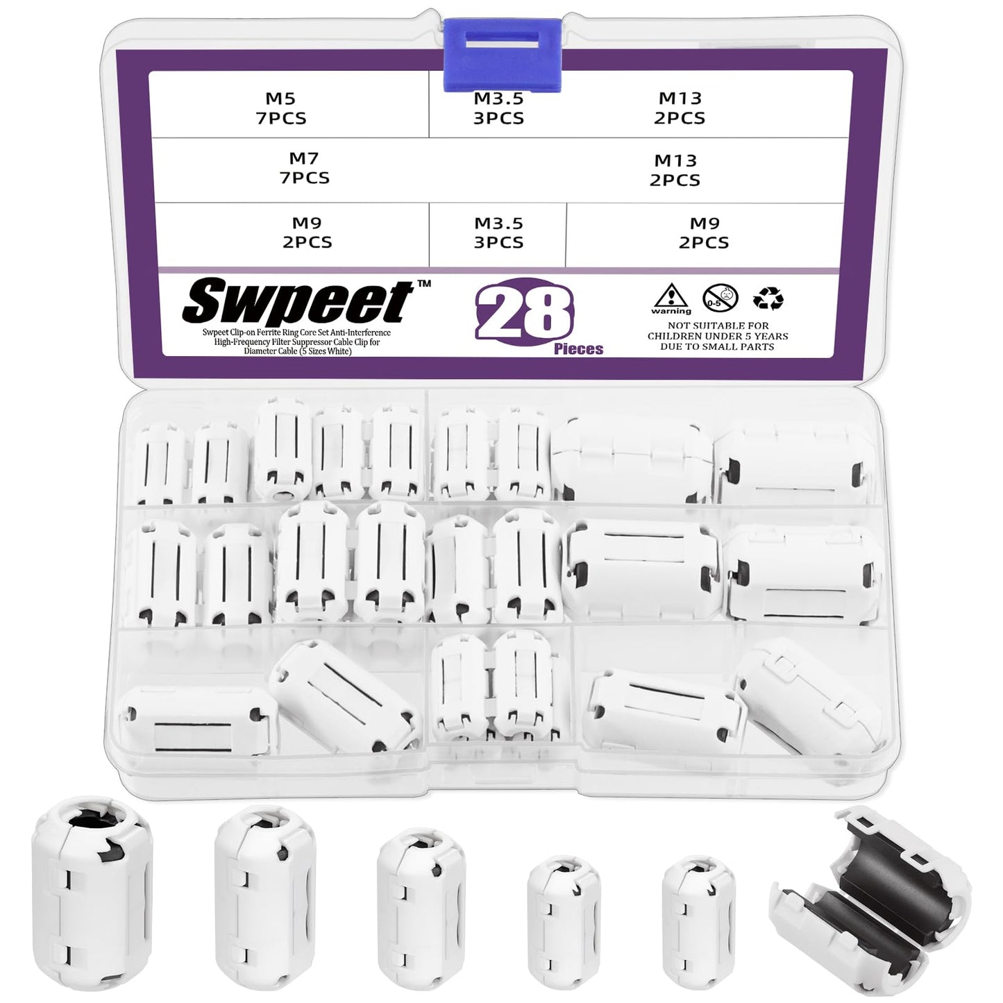 Swpeet 28Pcs Clip-on Ferrite Ring Core Toroid Assortment for Car DEMO