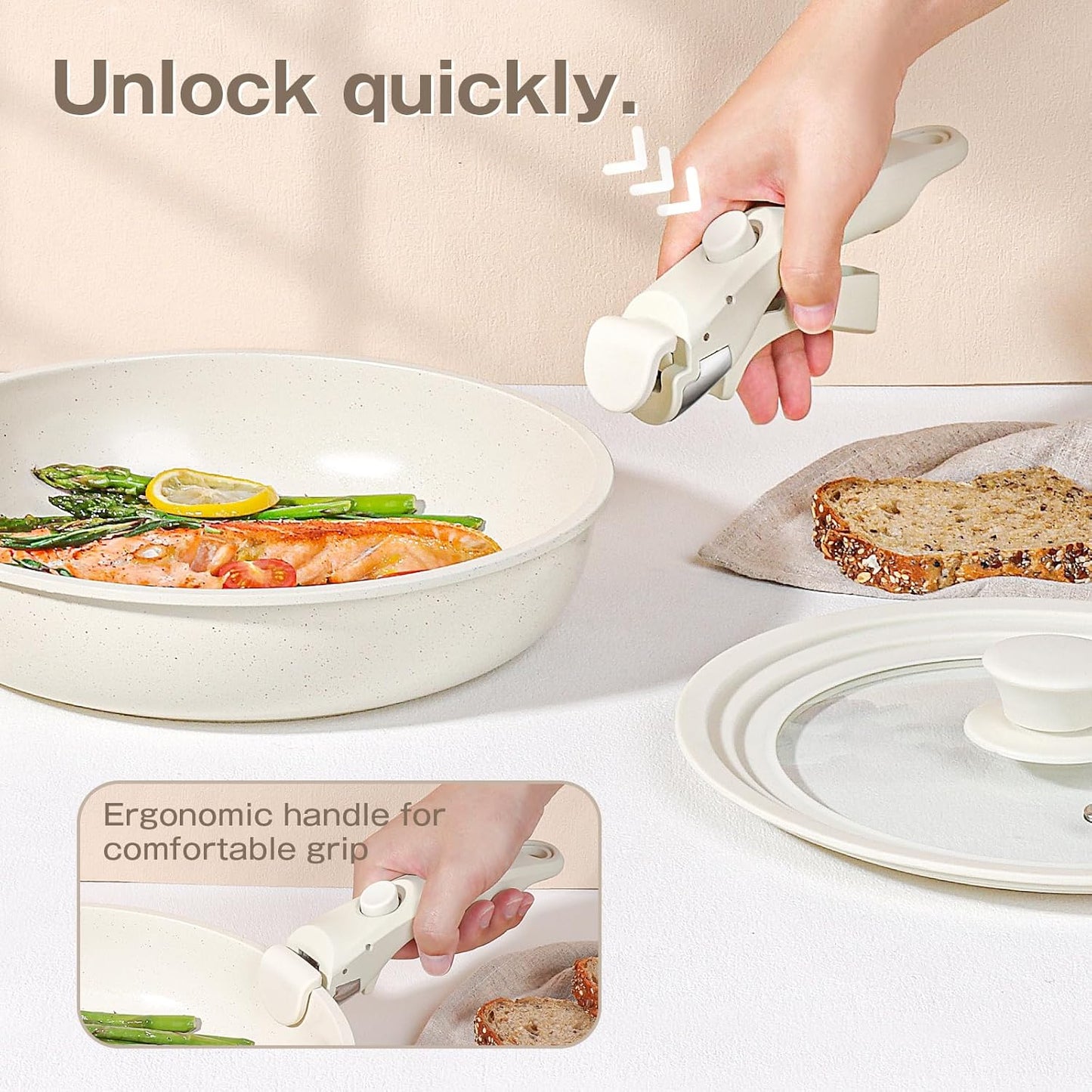 GiPP Ceramic Pot and Pan Set Non-Stick Cookware with Detachable Handle 7PCS NEW