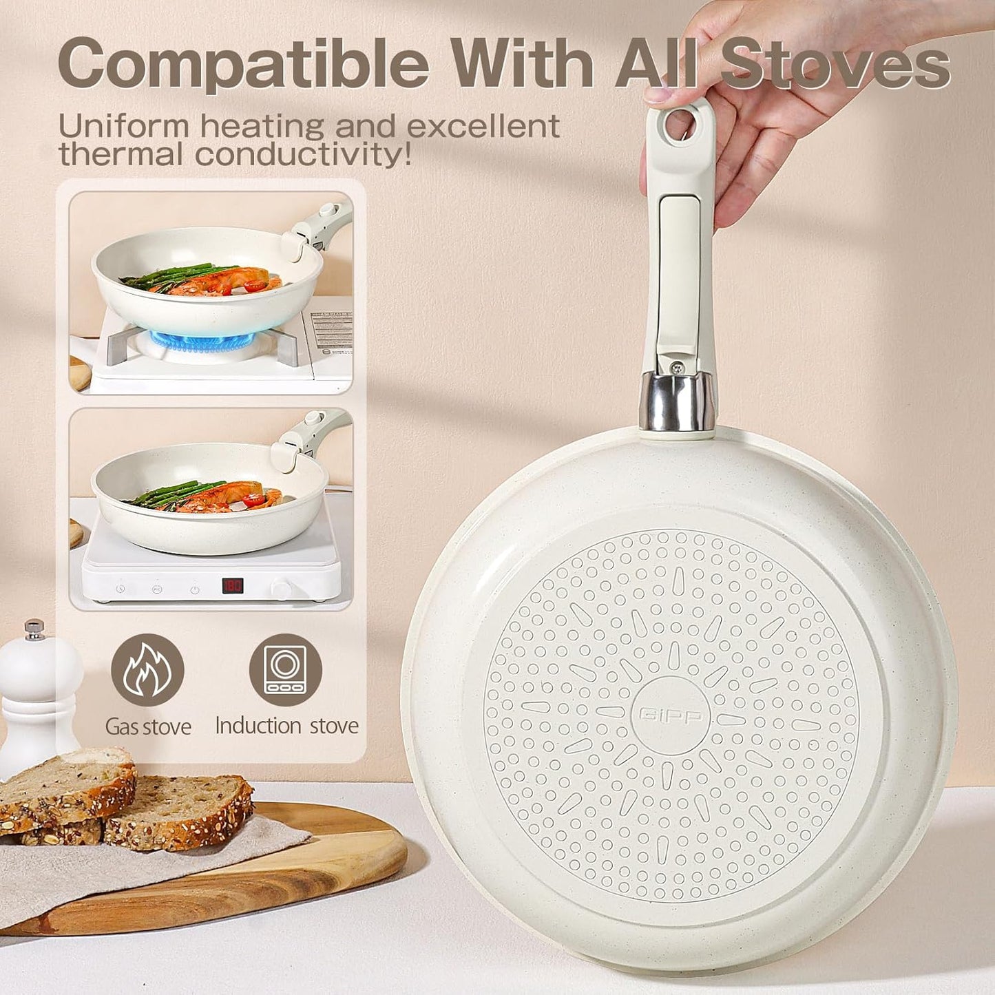 GiPP Ceramic Pot and Pan Set Non-Stick Cookware with Detachable Handle 7PCS NEW
