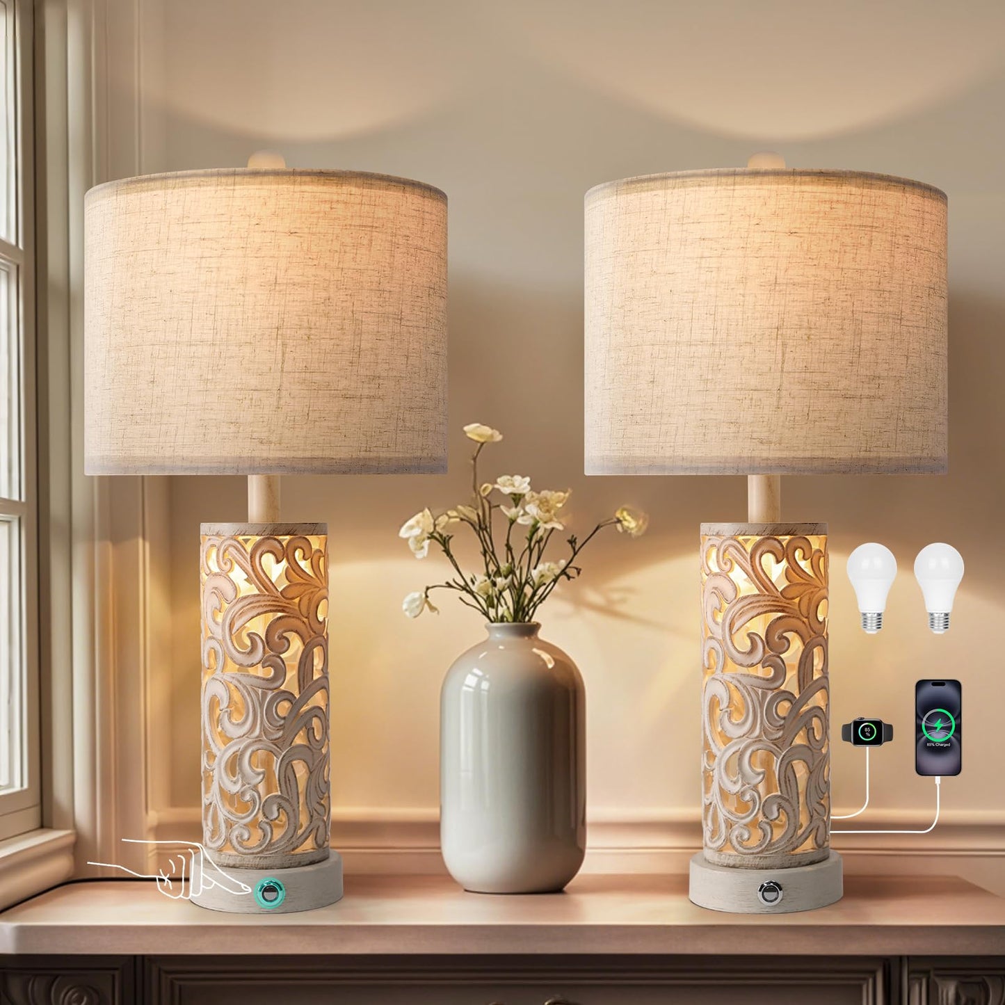 Apsung Beige Touch Control Table Lamps Set of 2 with Dual Light Modes NEW