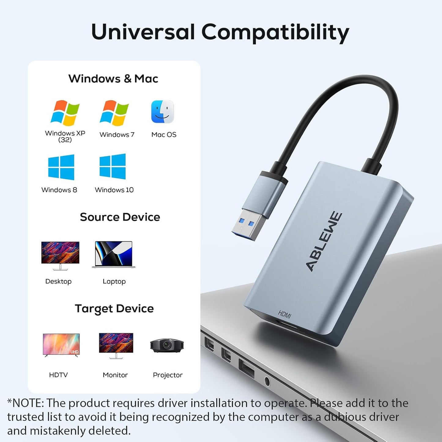 ABLEWE USB to HDMI Adapter - Upgraded Aluminum 3.0 & 2.0 Audio Video DEMO