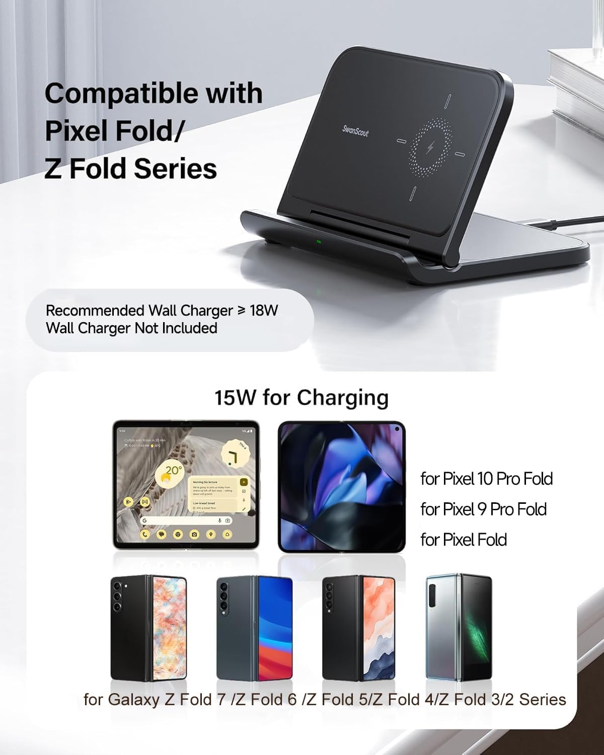 SwanScout Foldable Wireless Charging Station for Samsung Z Fold 7 Black NEW