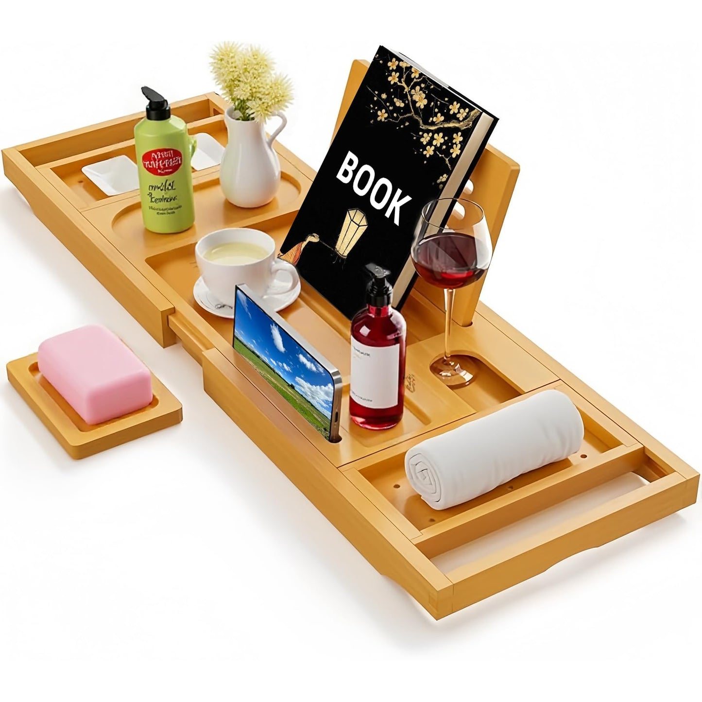 STEUGO Premium Expandable Bamboo Bathtub Tray for Reading & Relaxation DEMO
