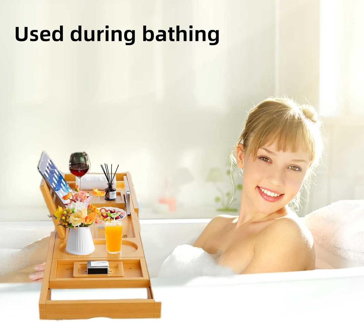 STEUGO Premium Expandable Bamboo Bathtub Tray for Reading & Relaxation DEMO