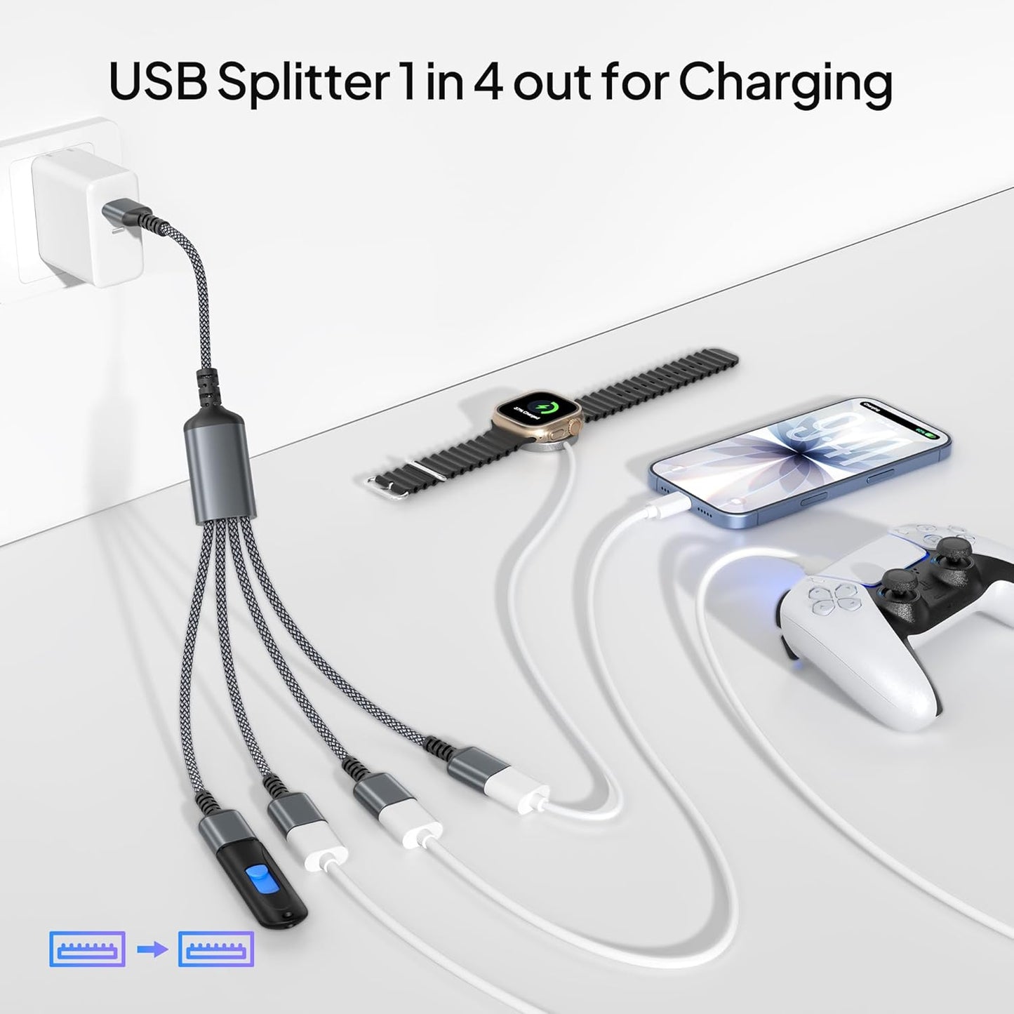 Elebase USB Splitter Y Cable Charger for PS5 Pro/Slim USBA Extension Grey NEW