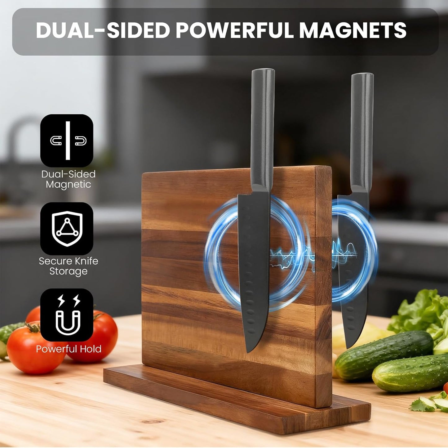LQUAN Solid Wood Magnetic Knife Block with Strong Magnets, Acacia Holder NEW