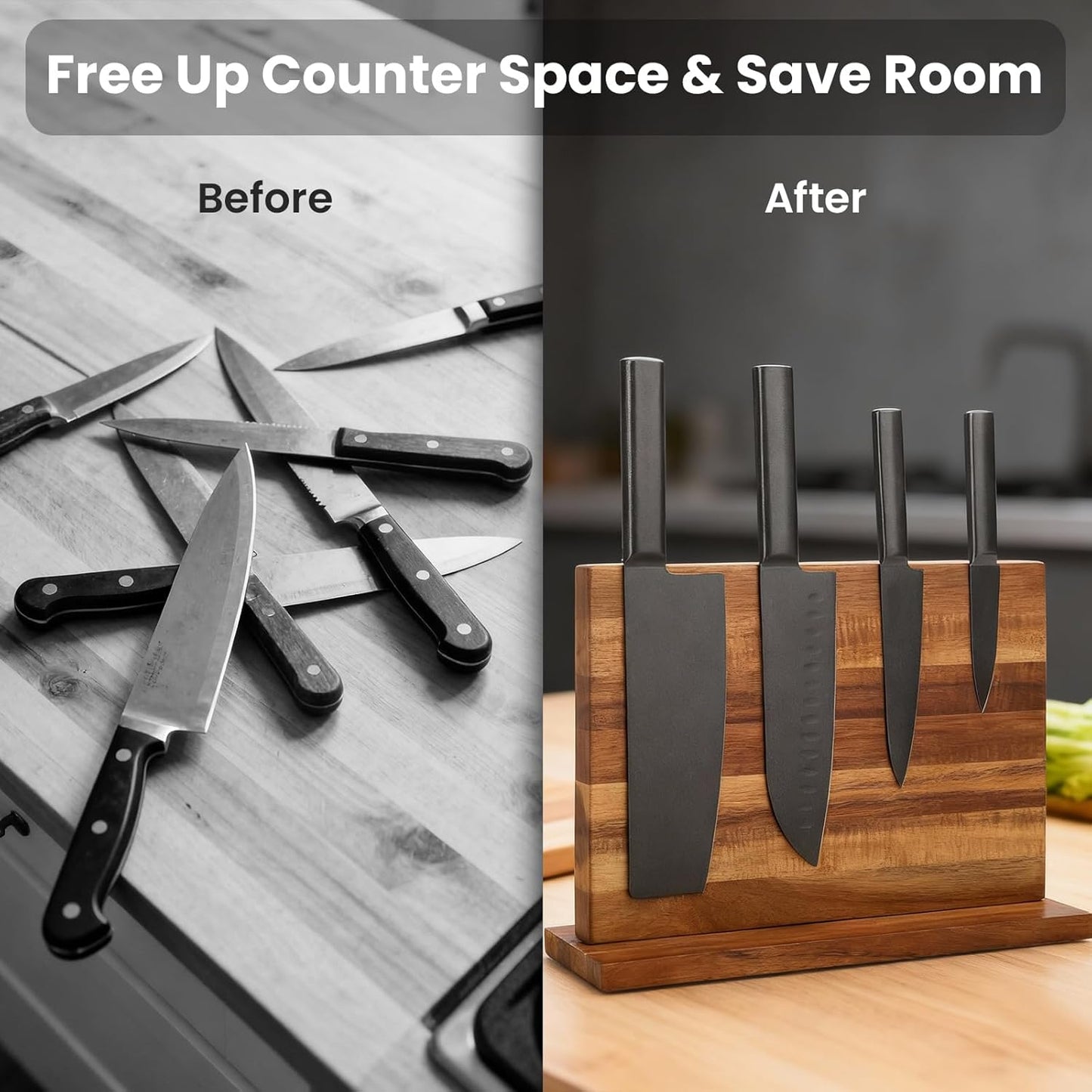 LQUAN Solid Wood Magnetic Knife Block with Strong Magnets, Acacia Holder NEW