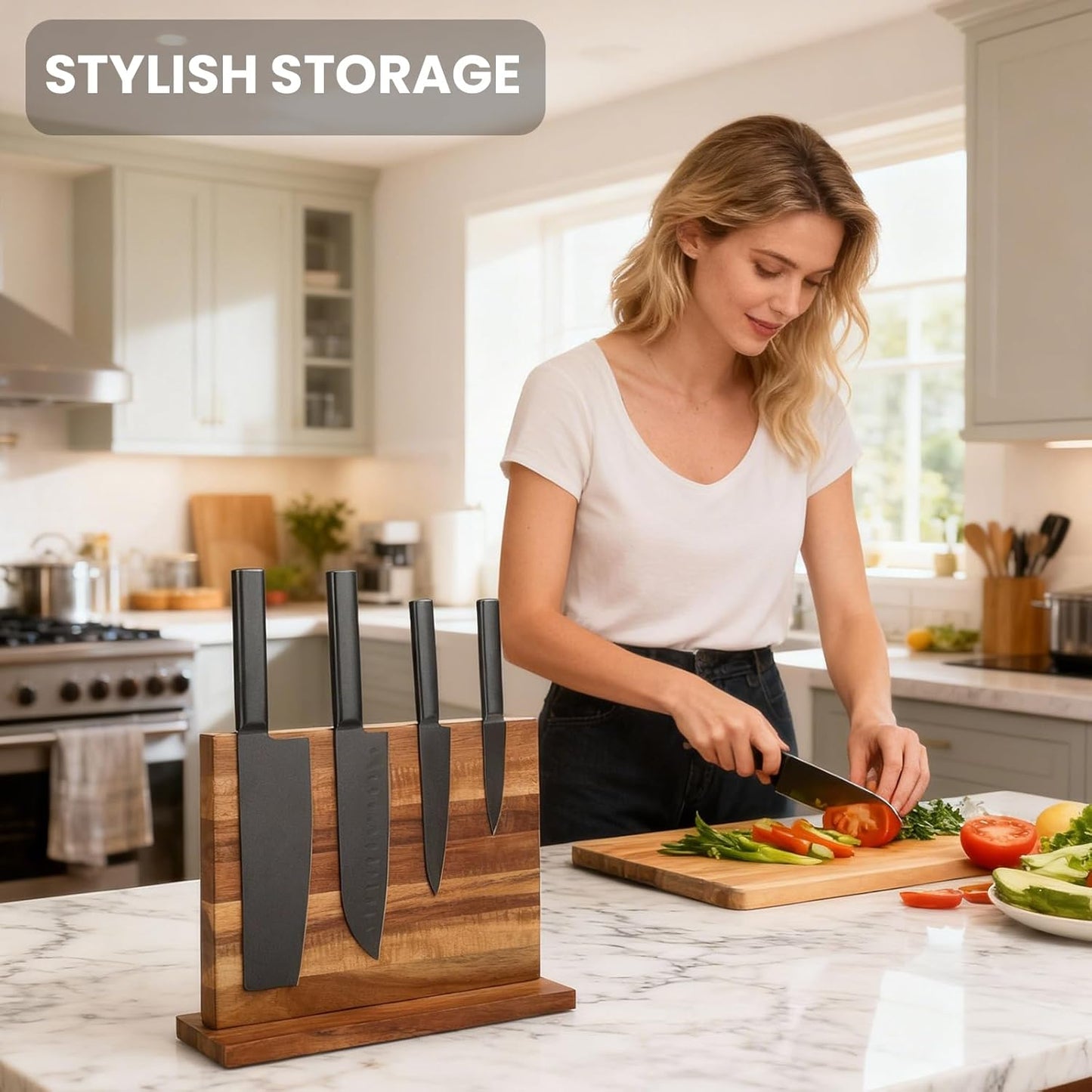 LQUAN Solid Wood Magnetic Knife Block with Strong Magnets, Acacia Holder NEW