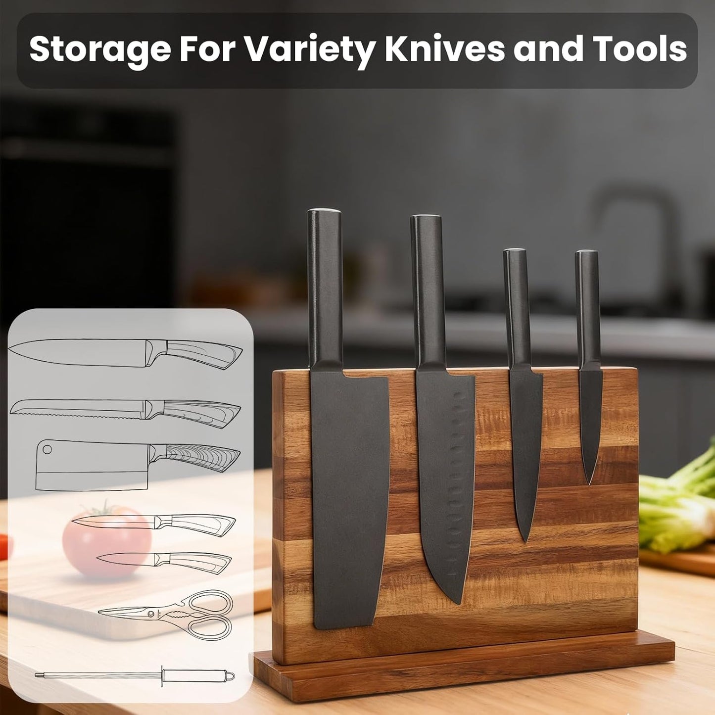 LQUAN Solid Wood Magnetic Knife Block with Strong Magnets, Acacia Holder NEW