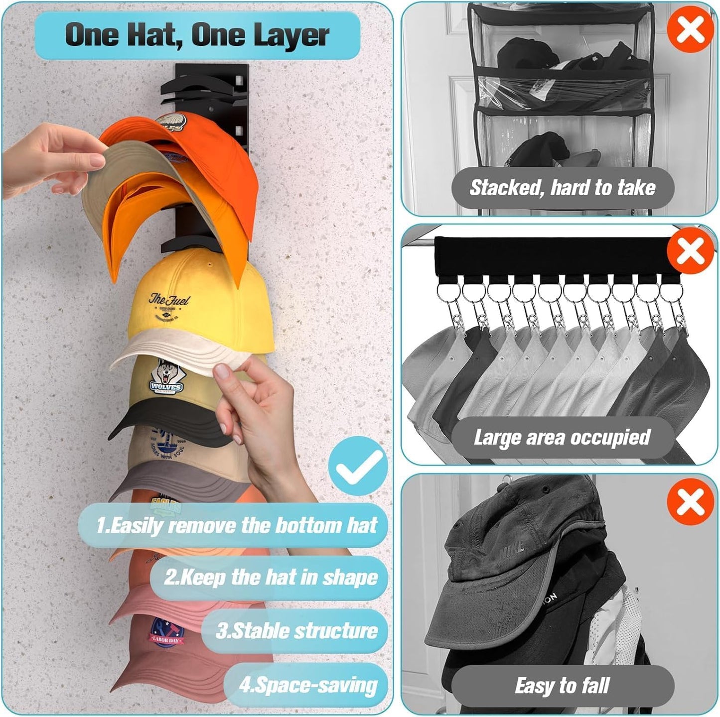 Sturdy 2-Pack Hat Organizer Wall Rack, Holds Baseball Caps, Adhesive Mount DEMO