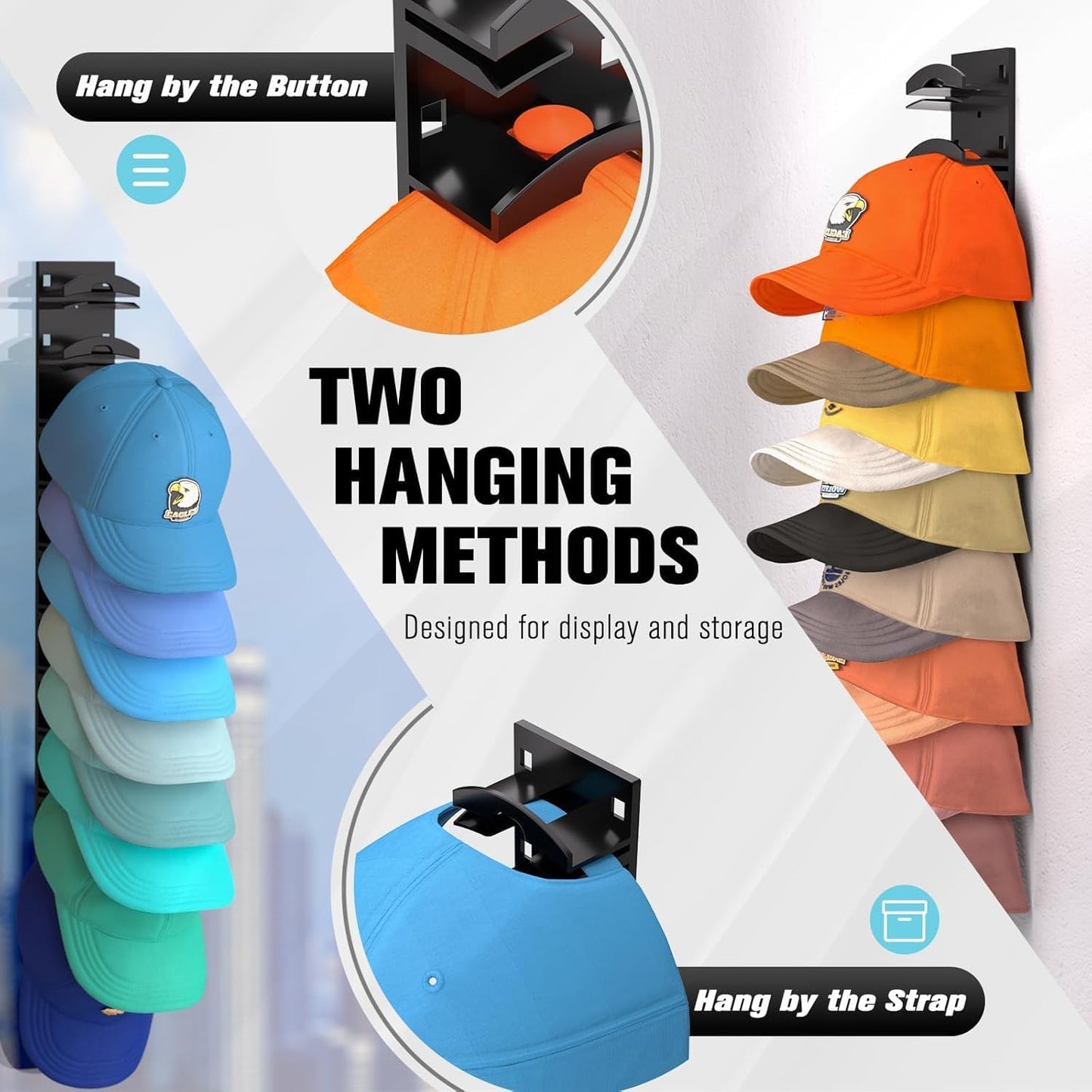 Sturdy 2-Pack Hat Organizer Wall Rack, Holds Baseball Caps, Adhesive Mount DEMO