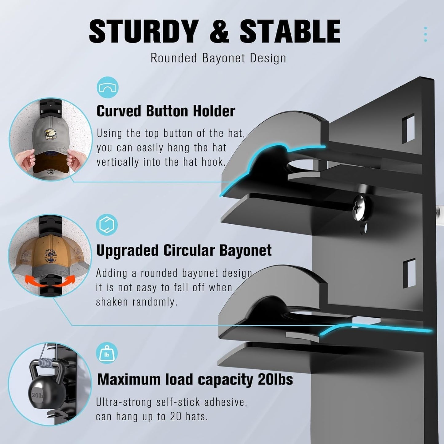 Sturdy 2-Pack Hat Organizer Wall Rack, Holds Baseball Caps, Adhesive Mount DEMO