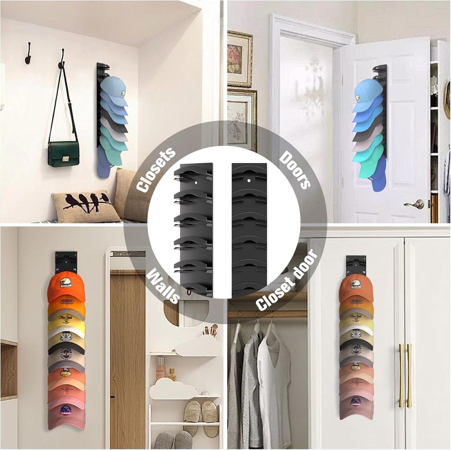 Sturdy 2-Pack Hat Organizer Wall Rack, Holds Baseball Caps, Adhesive Mount DEMO