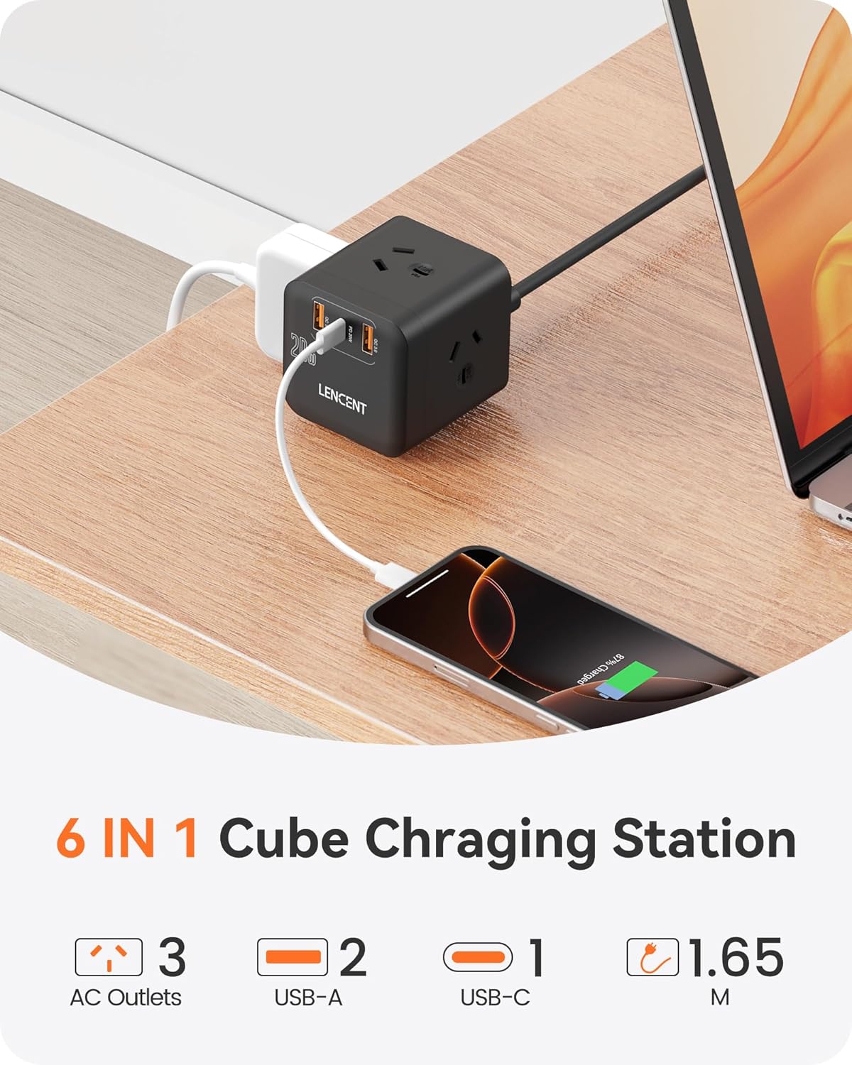 LENCENT Power Strip with USB PD 20W Fast Charging Cube Outlet Extender NEW