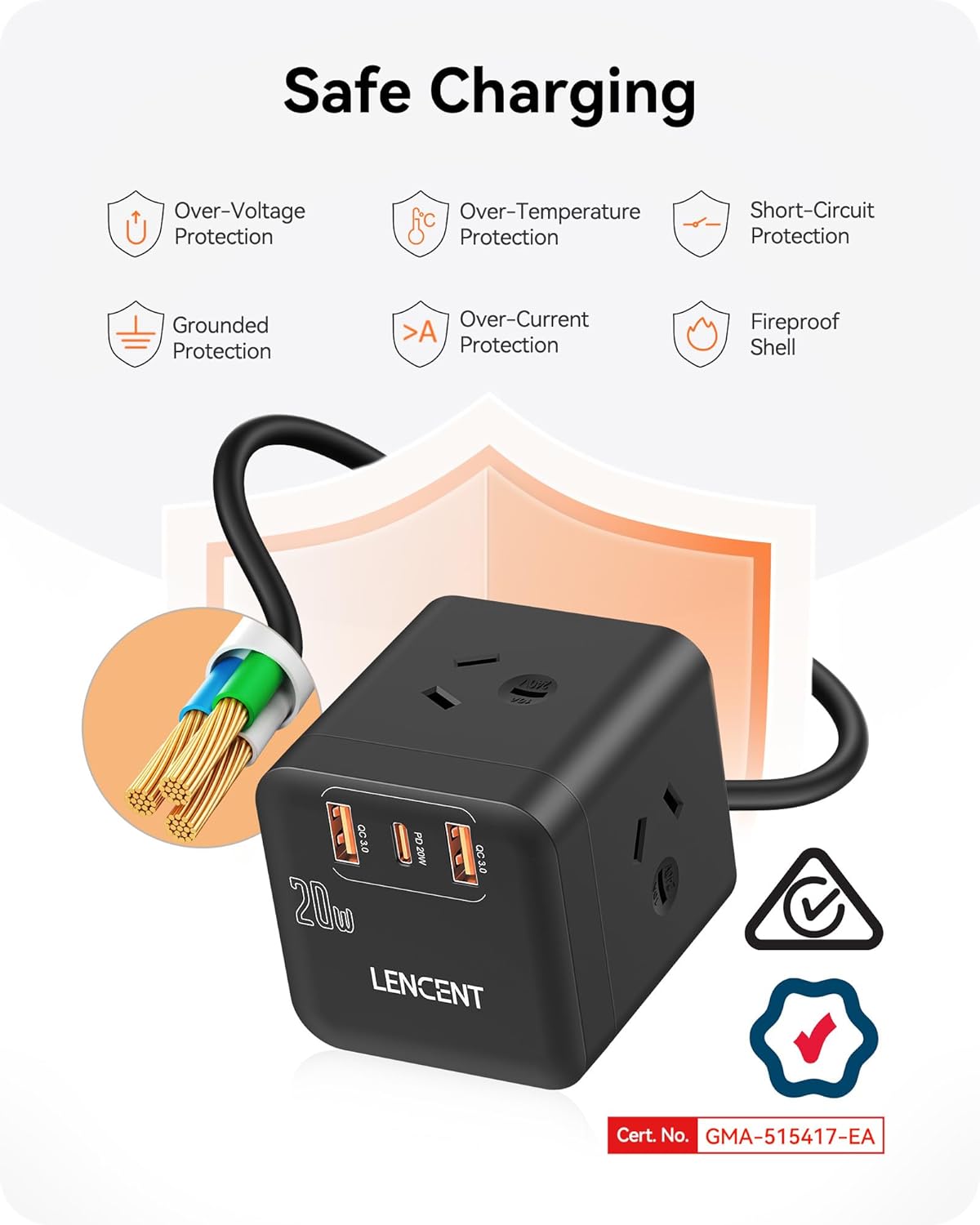 LENCENT Power Strip with USB PD 20W Fast Charging Cube Outlet Extender NEW