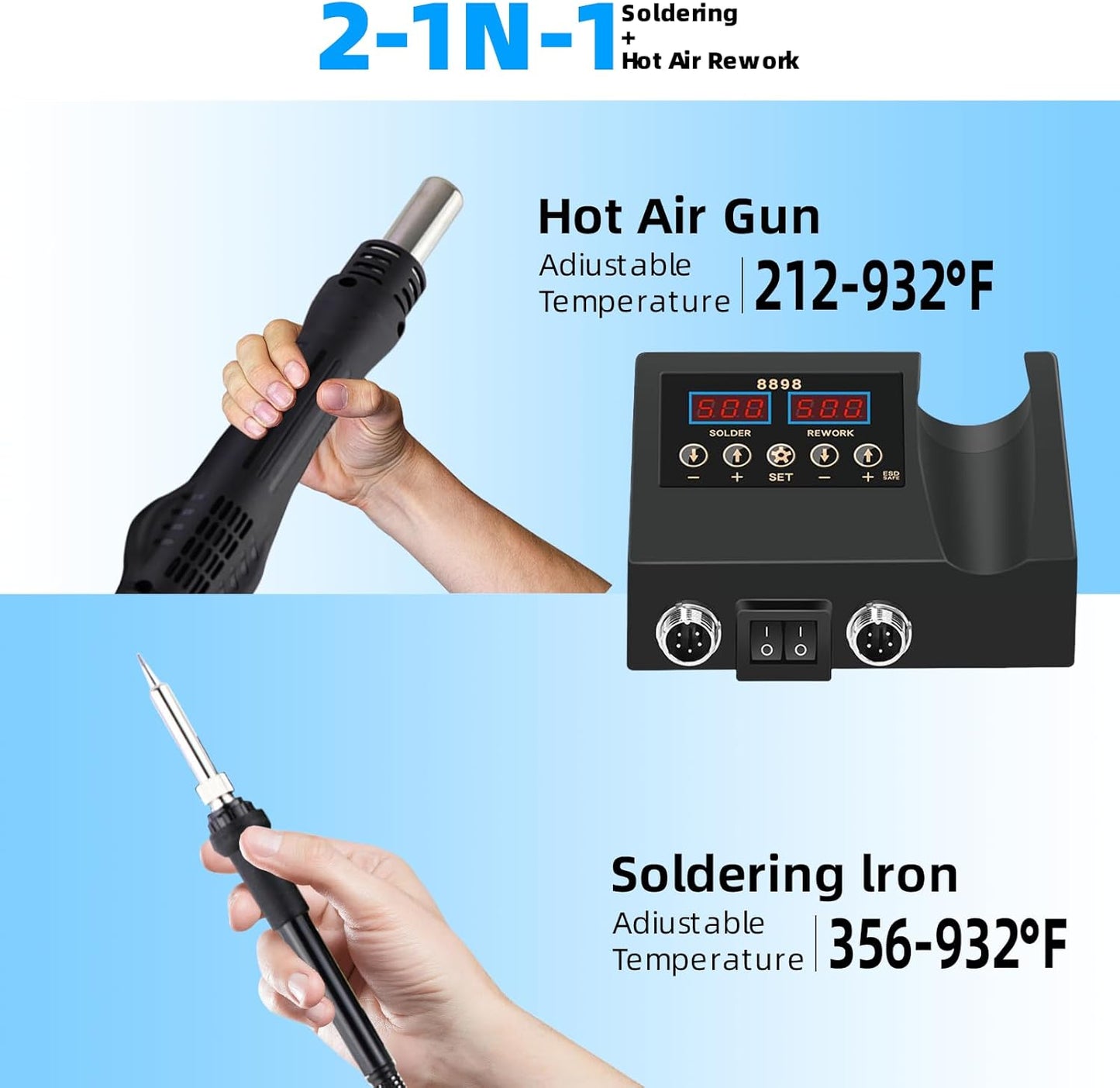 STEUGO 2-in-1 Digital Soldering Iron Station Hot Air Rework Lron&Hot Gun DEMO