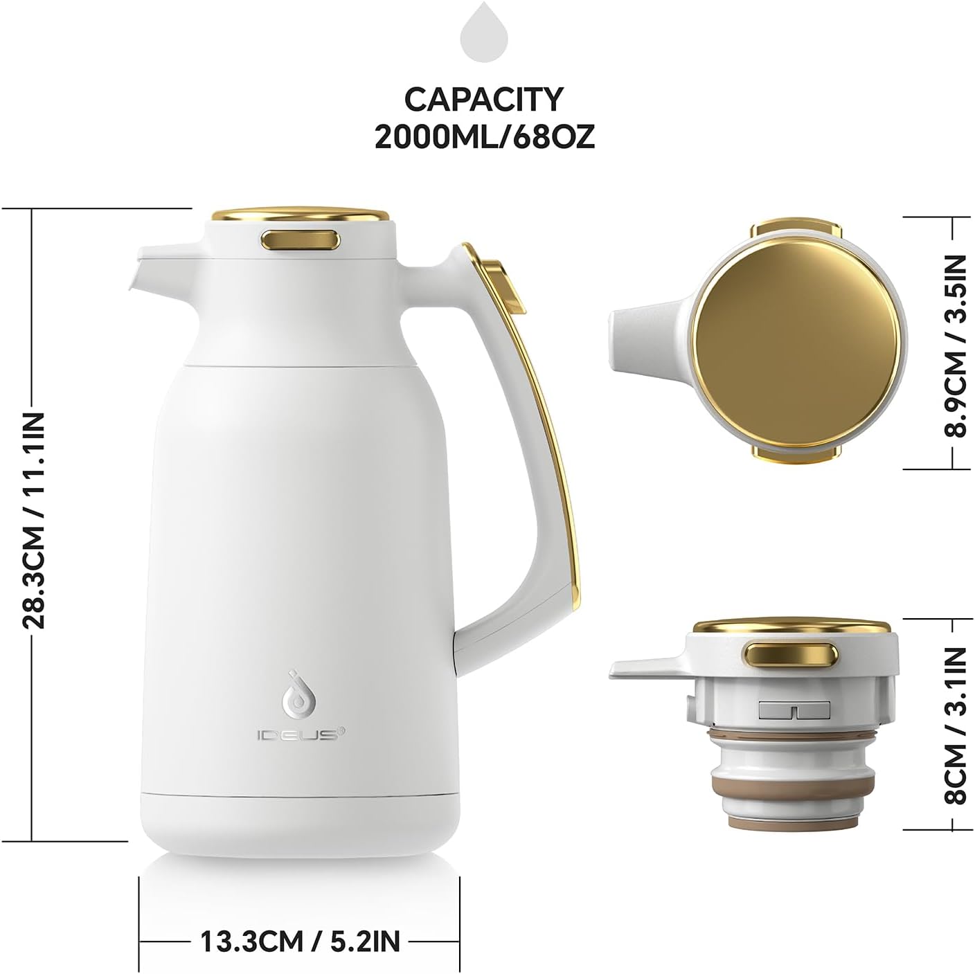 Ideus Vacuum Insulated Coffee Carafe Stainless Steel Hot Beverage 2 Liters NEW