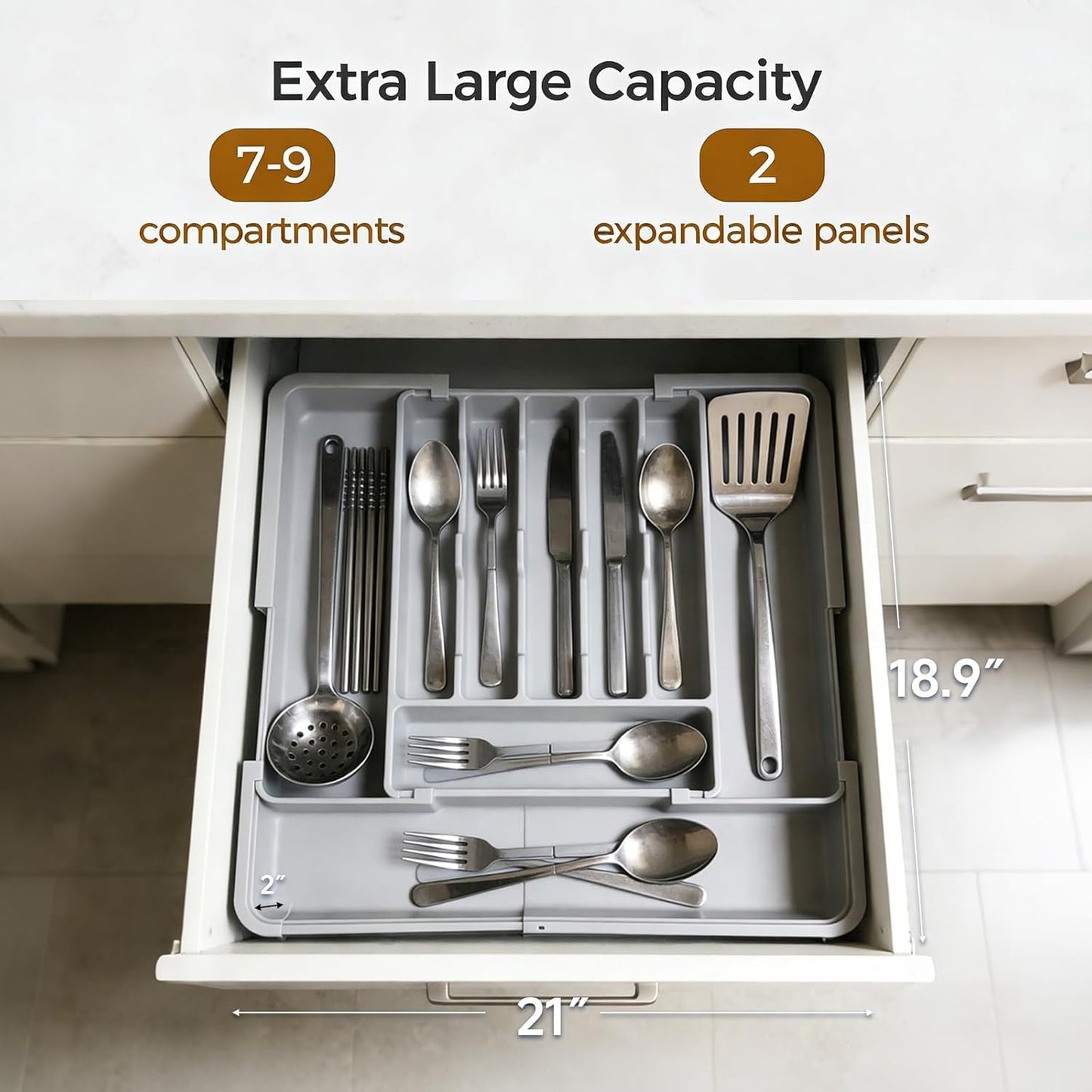 stusgo Expandable Drawer Organizer with 9 Compartments, Grey Storage Tray DEMO