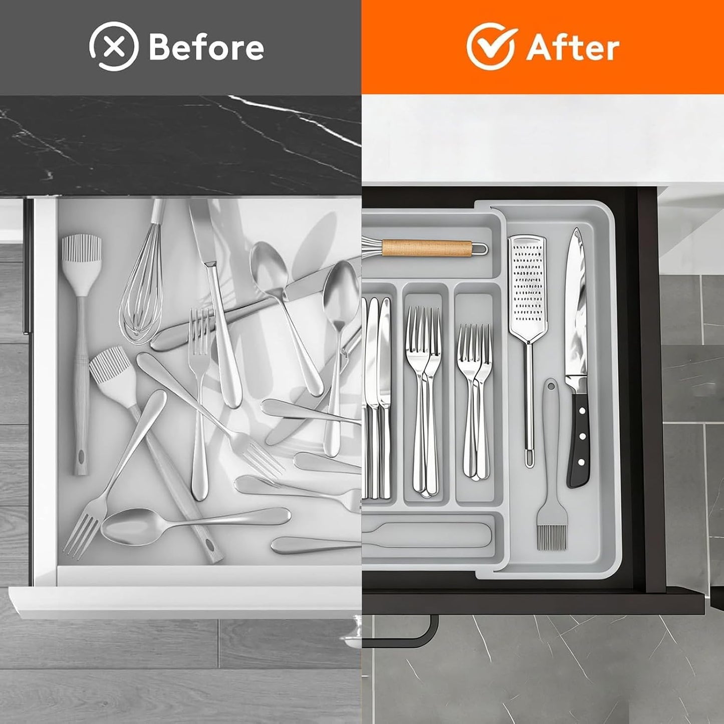 stusgo Expandable Drawer Organizer with 9 Compartments, Grey Storage Tray DEMO