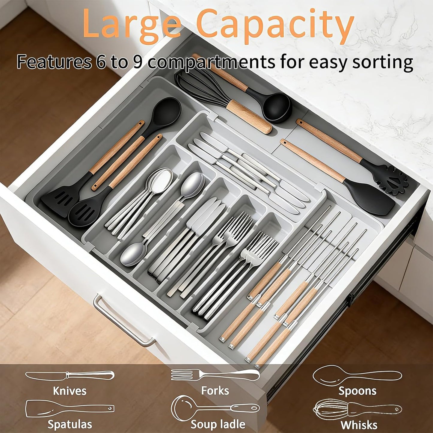stusgo Expandable Drawer Organizer with 9 Compartments, Grey Storage Tray DEMO
