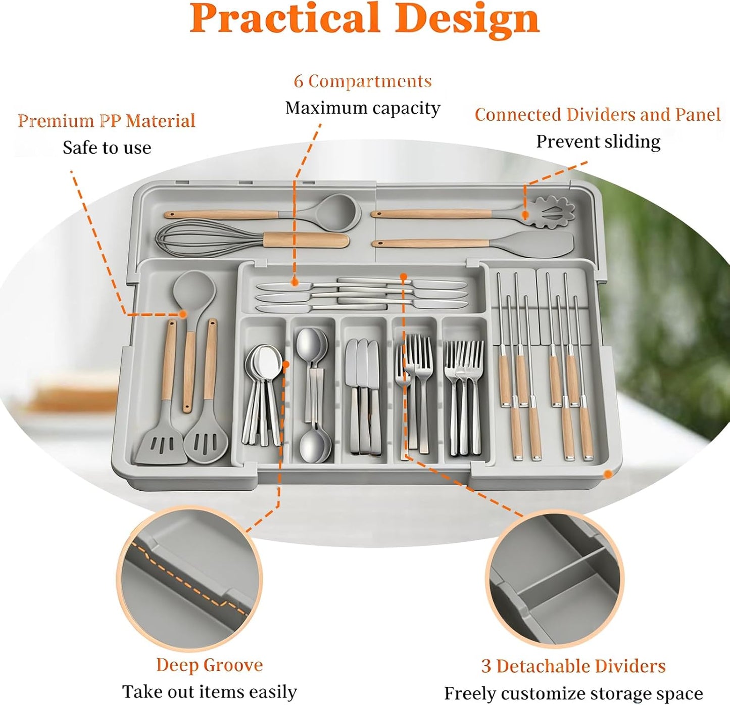 stusgo Expandable Drawer Organizer with 9 Compartments, Grey Storage Tray DEMO