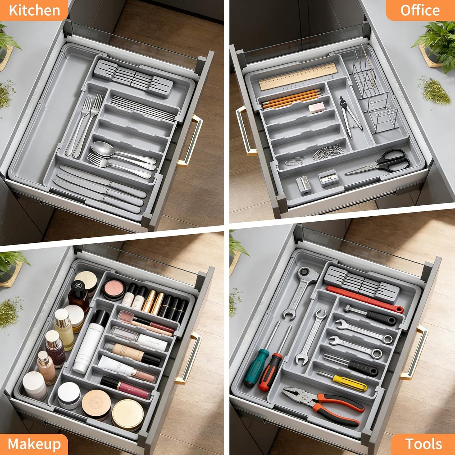 stusgo Expandable Drawer Organizer with 9 Compartments, Grey Storage Tray DEMO
