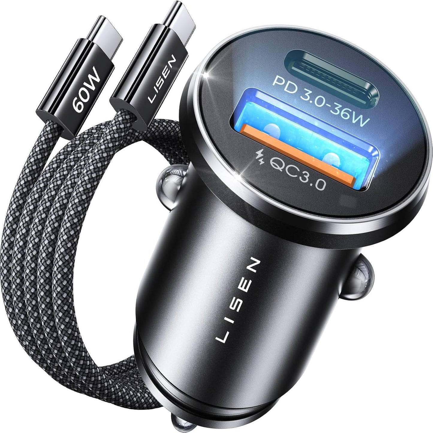 LISEN 54W Fast Dual Port USB-C Car Charger Cigarette Lighter Space Black DEMO