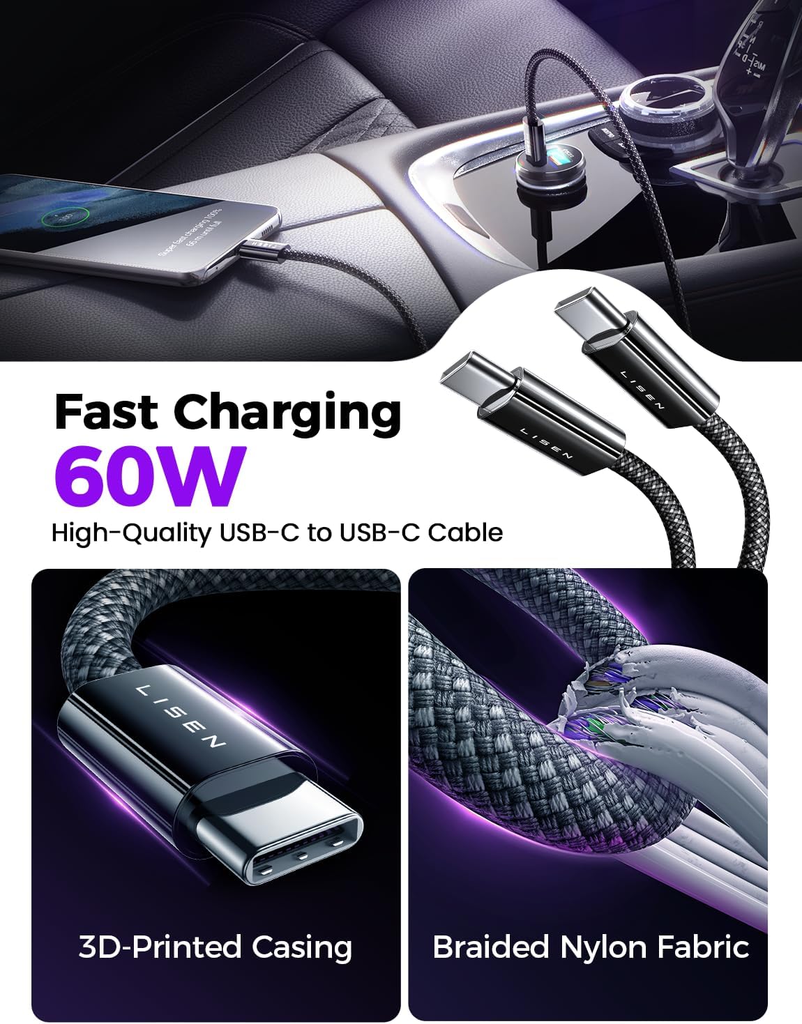 LISEN 54W Fast Dual Port USB-C Car Charger Cigarette Lighter Space Black DEMO