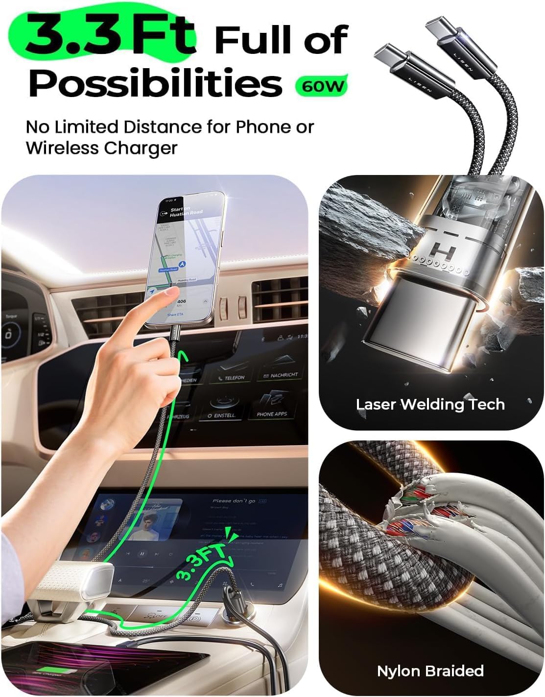 LISEN 54W Fast Dual Port USB-C Car Charger Cigarette Lighter Space Black DEMO