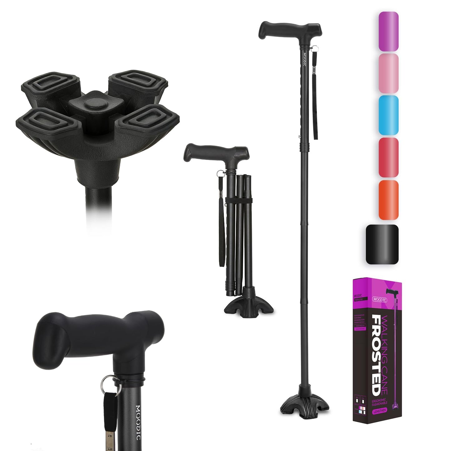 MOODIC Plus Lengthened Black Adjustable Walking Cane, 35.43-42.52 Inches DEMO