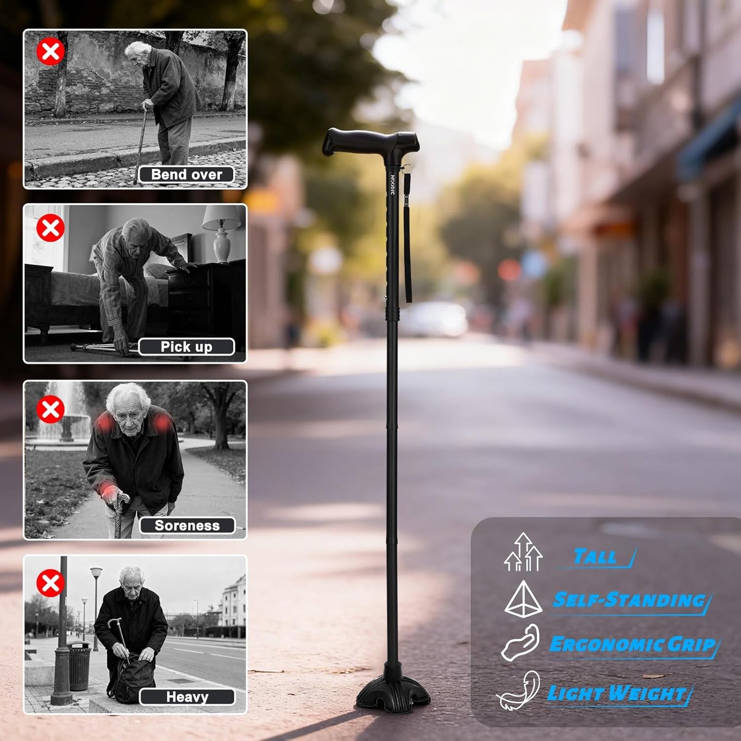 MOODIC Plus Lengthened Black Adjustable Walking Cane, 35.43-42.52 Inches DEMO