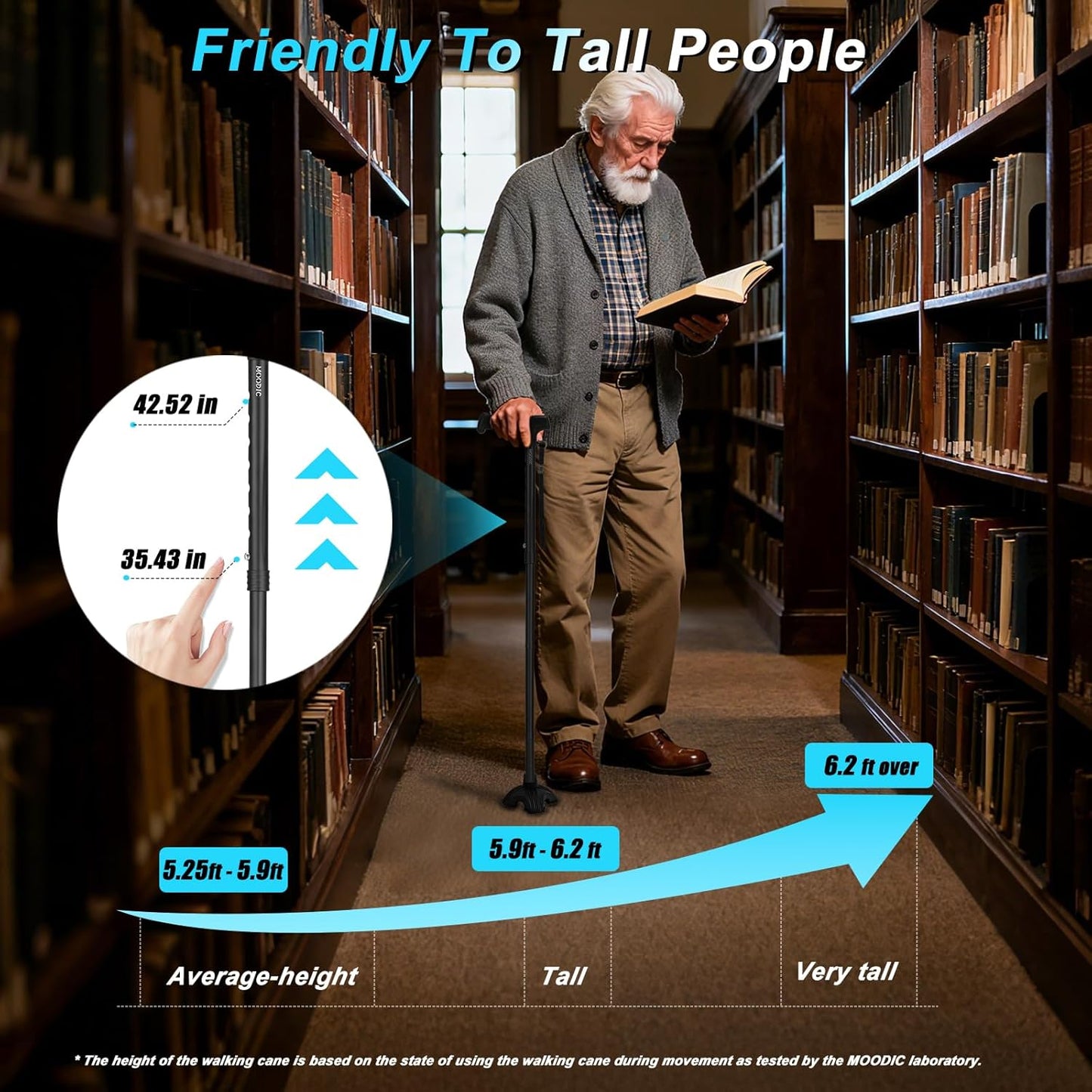 MOODIC Plus Lengthened Black Adjustable Walking Cane, 35.43-42.52 Inches DEMO