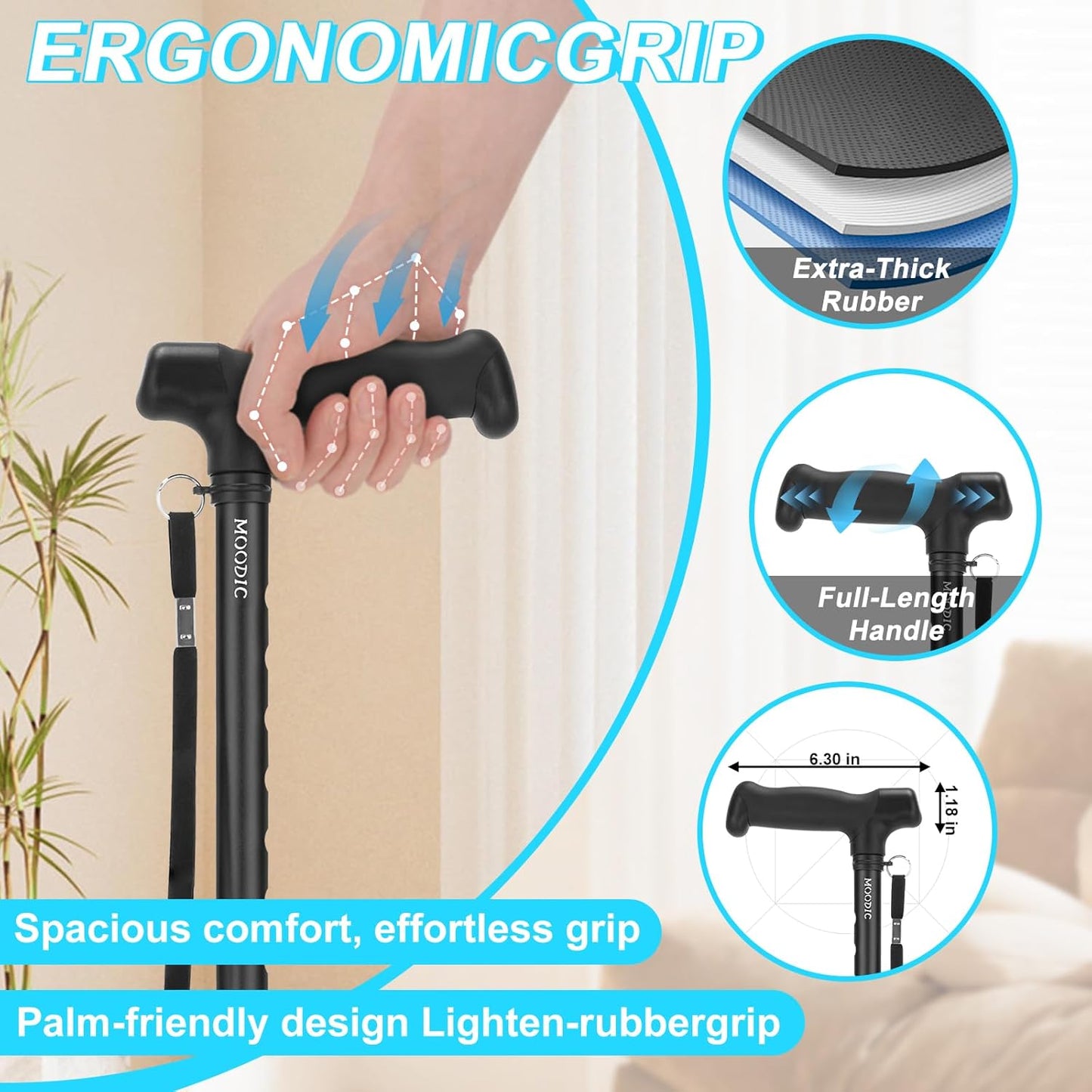 MOODIC Plus Lengthened Black Adjustable Walking Cane, 35.43-42.52 Inches DEMO
