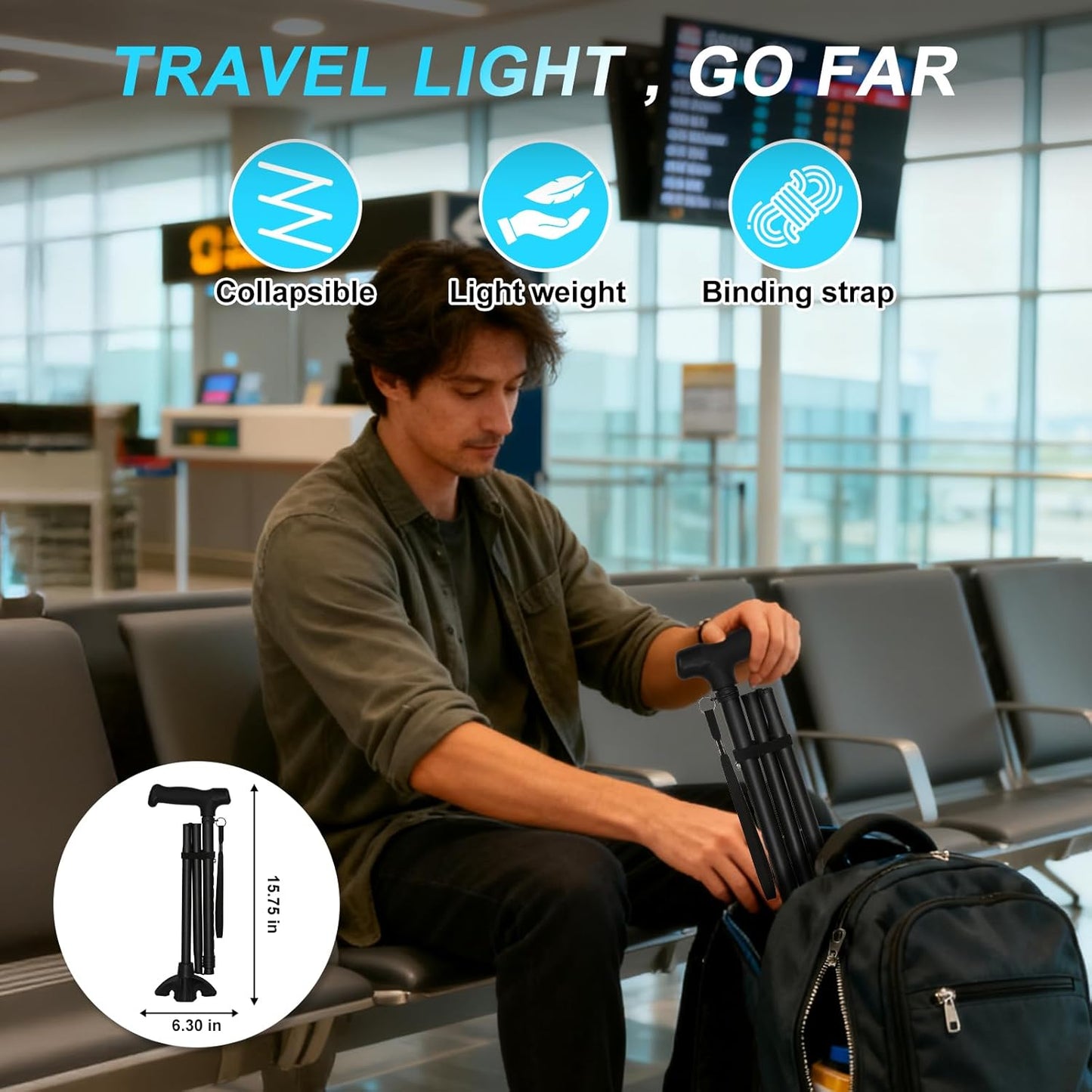 MOODIC Plus Lengthened Black Adjustable Walking Cane, 35.43-42.52 Inches DEMO