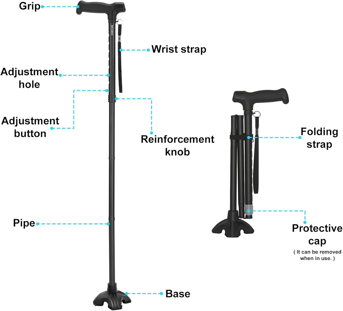 MOODIC Plus Lengthened Black Adjustable Walking Cane, 35.43-42.52 Inches DEMO
