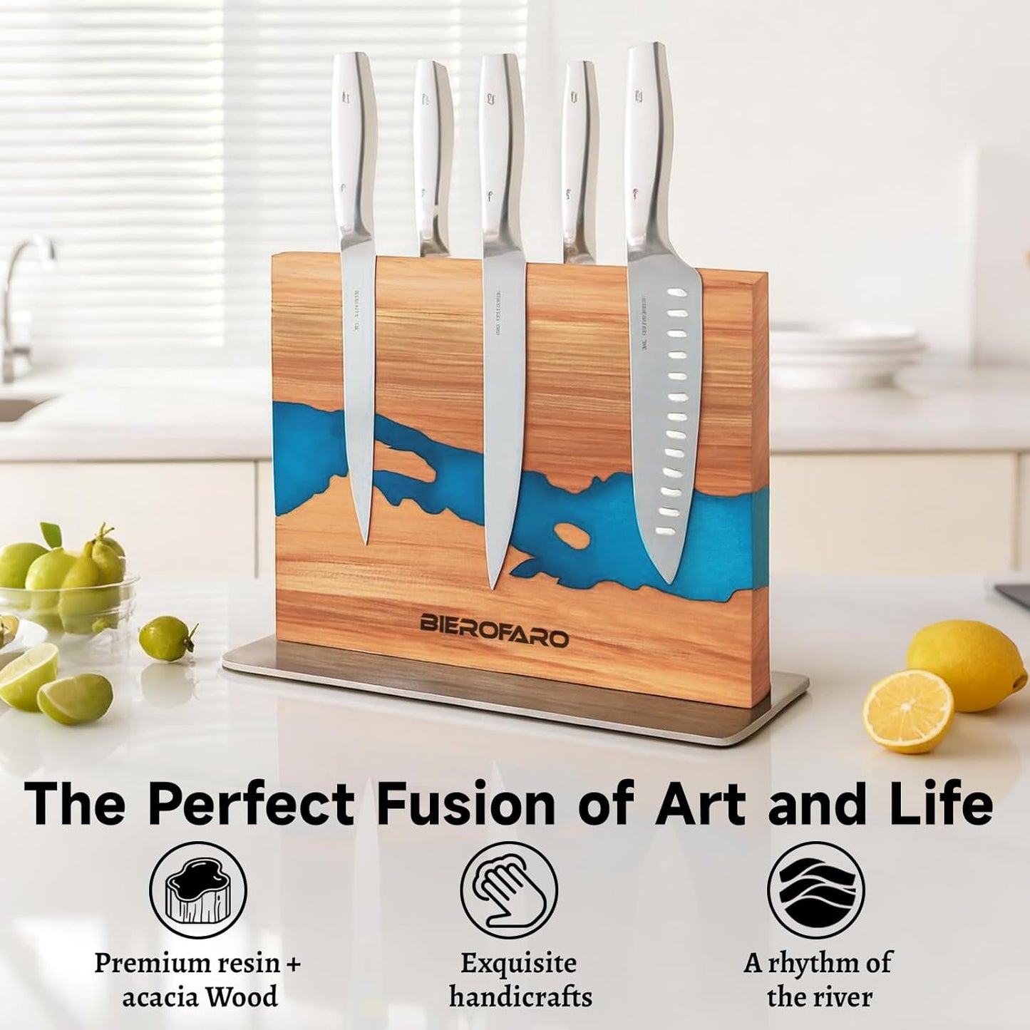 bierofaro Acacia Wood Magnetic Knife Block Holder, Double-Sided Brown NEW