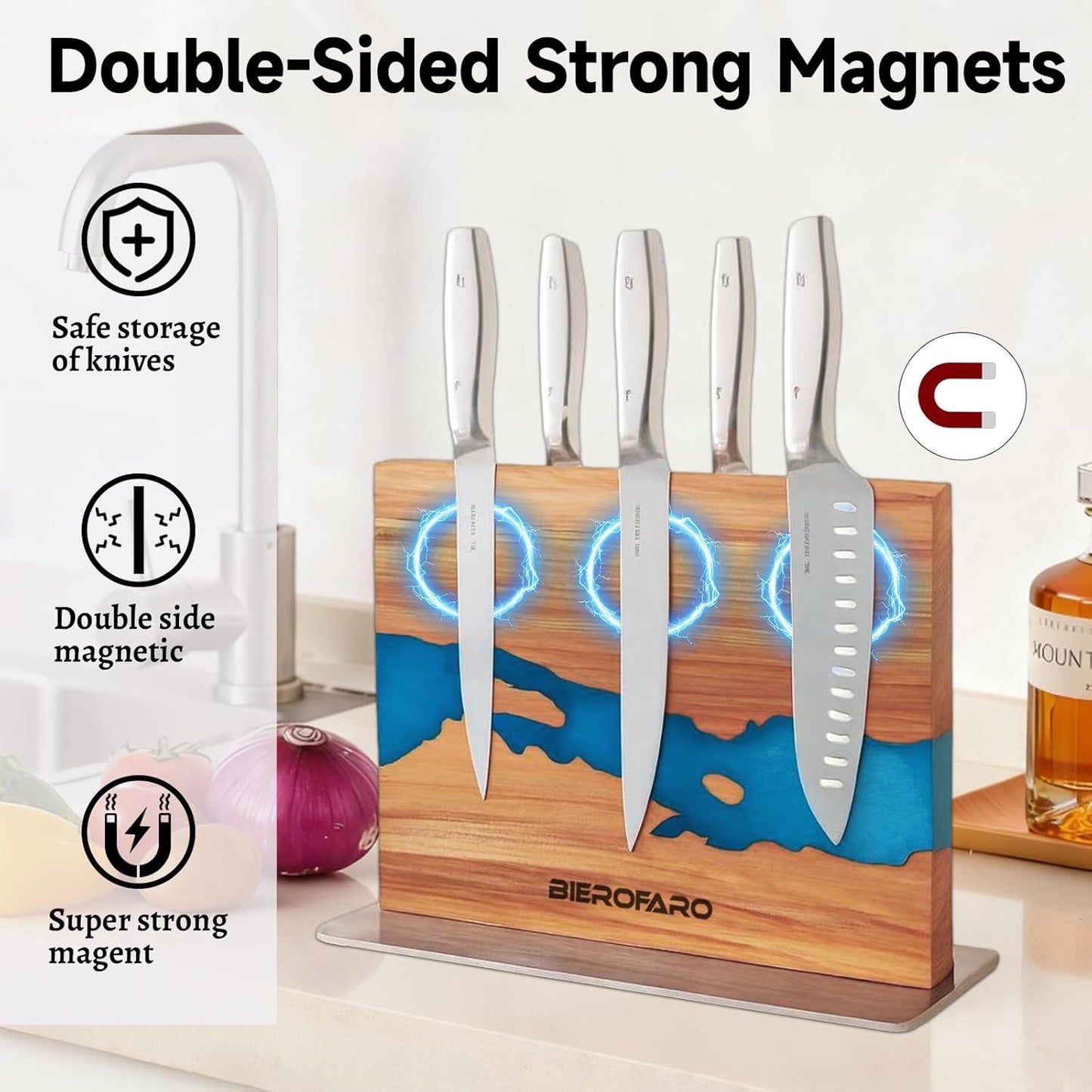 bierofaro Acacia Wood Magnetic Knife Block Holder, Double-Sided Brown NEW