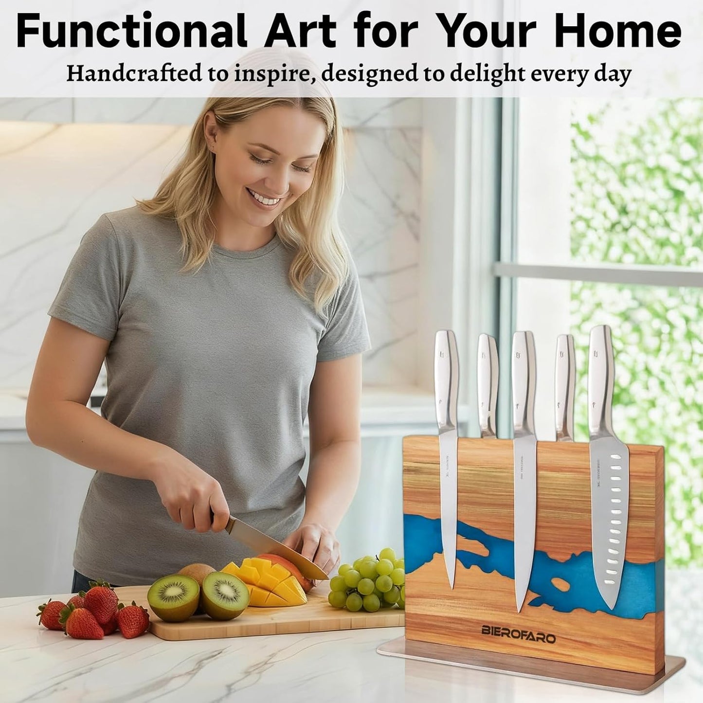 bierofaro Acacia Wood Magnetic Knife Block Holder, Double-Sided Brown NEW