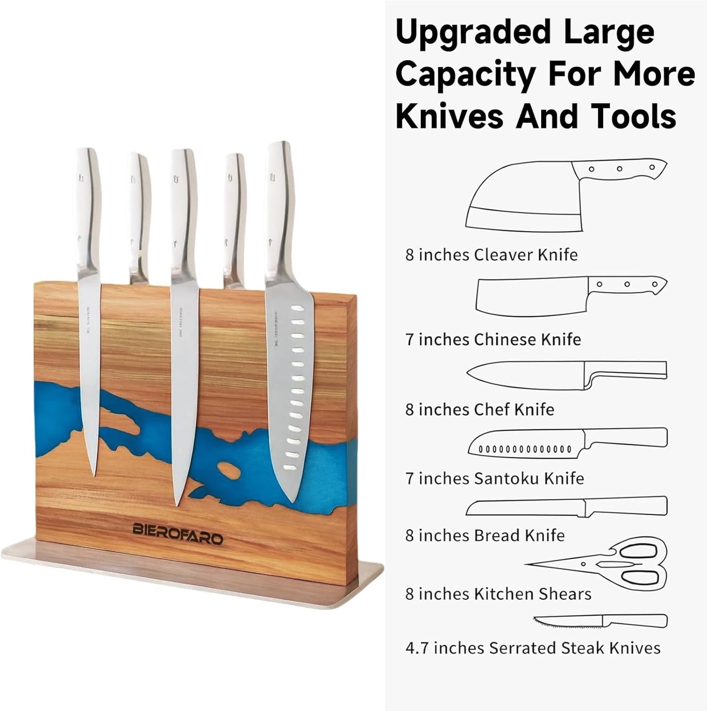 bierofaro Acacia Wood Magnetic Knife Block Holder, Double-Sided Brown NEW