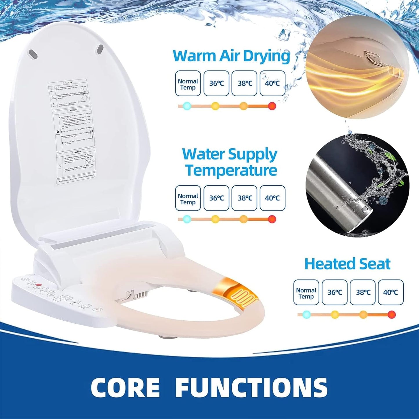 WOOYOOTE Smart Electric Bidet Seat Toilet with Warm Water Heated Cleaning for