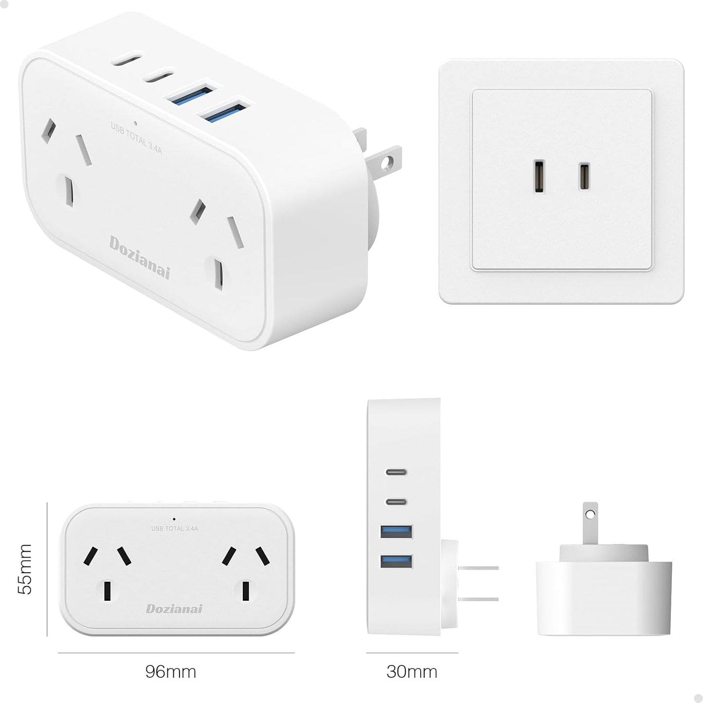 Dozianai International Power Adapter Type A Travel Plug 2 Outlet White DEMO