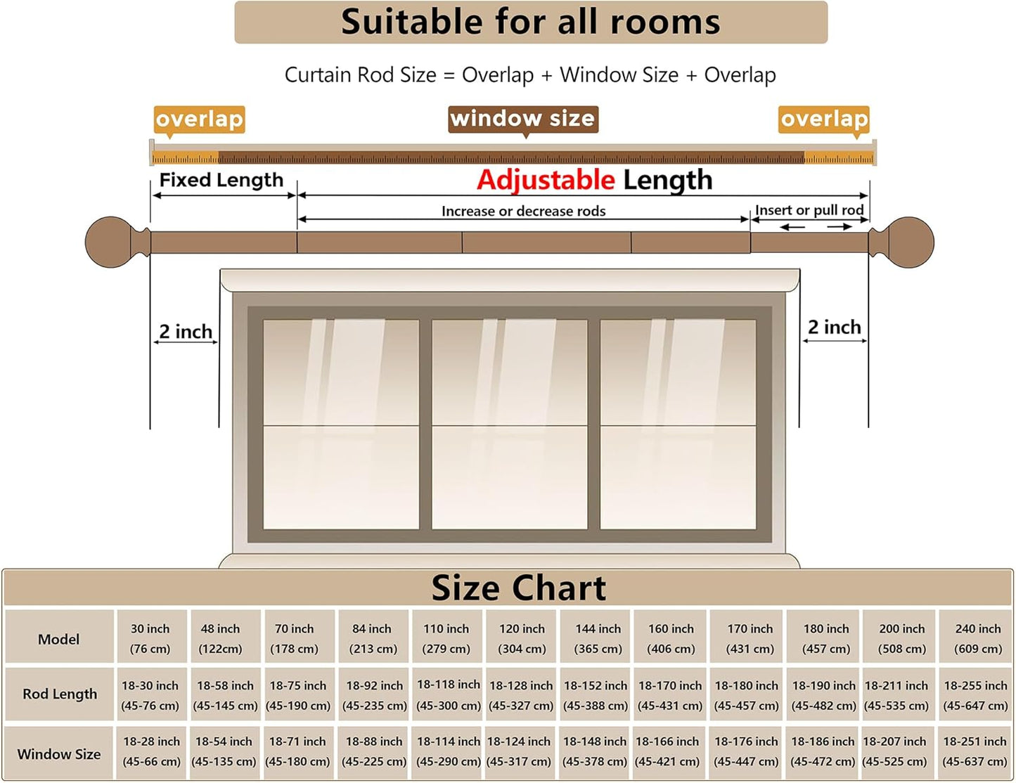 BeautiHaus Adjustable Curtain Rods for Windows 213cm Heavy Duty 2.2cm NEW