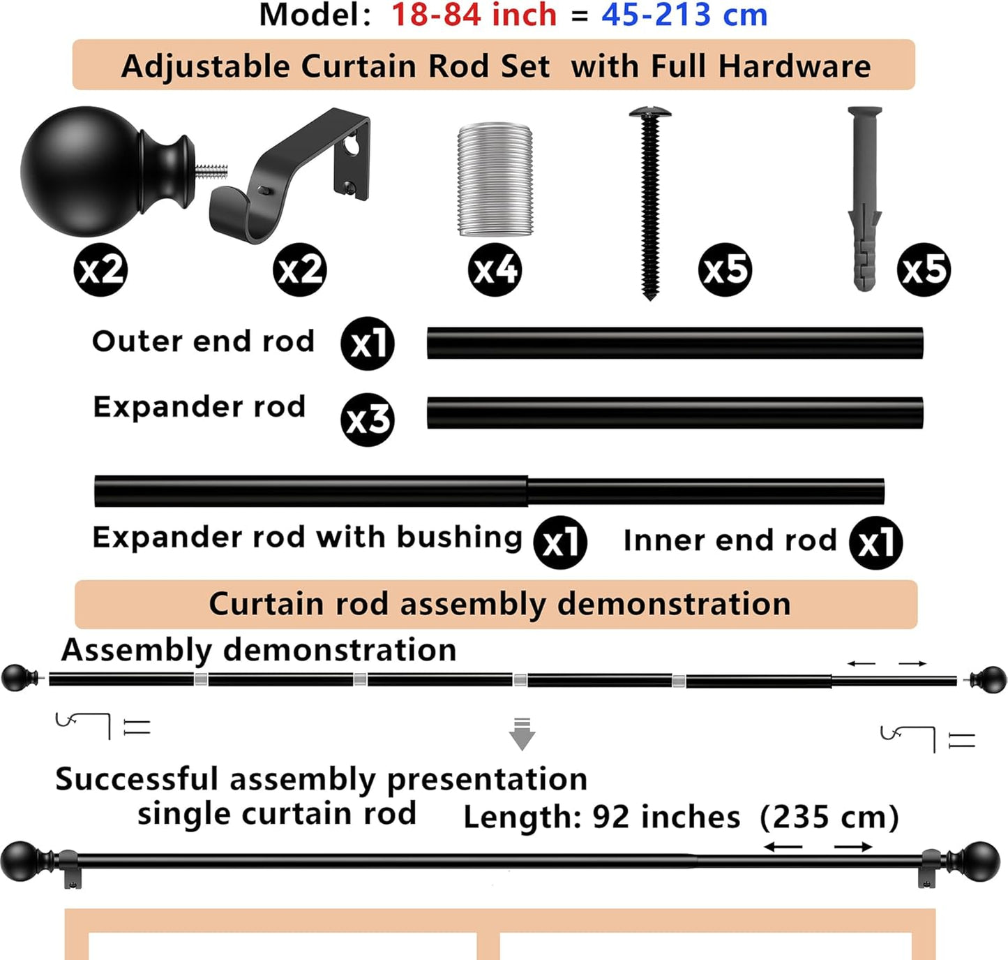 BeautiHaus Adjustable Curtain Rods for Windows 213cm Heavy Duty 2.2cm NEW