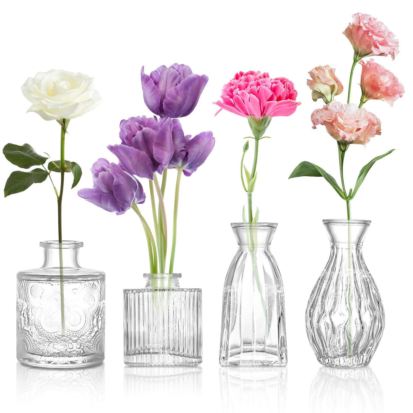 ODDMUCK Glass Bud Vases Set of 4 Transparent Vintage Flower for Centerpieces NEW