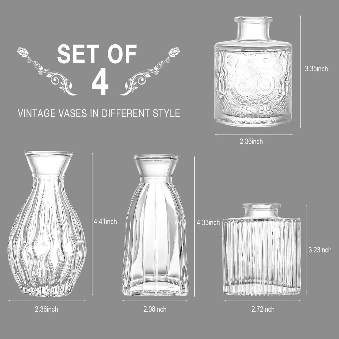 ODDMUCK Glass Bud Vases Set of 4 Transparent Vintage Flower for Centerpieces NEW