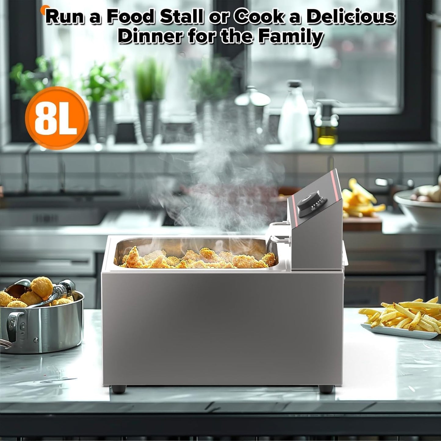 Advwin 8L Electric Deep Fryer, 2500W Countertop Stainless Steel Oil Fryer With B